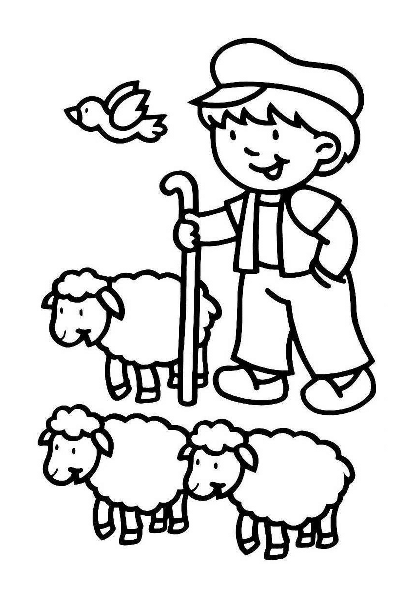  Granjero rodeado de muchas ovejas 