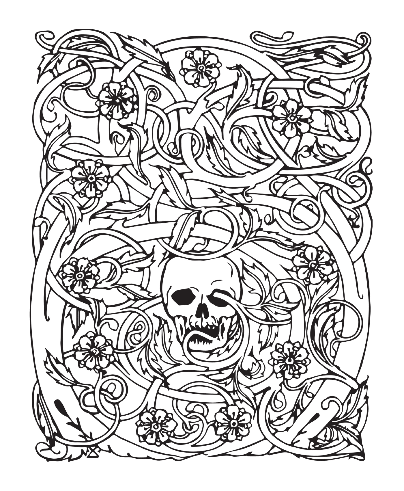  Halloween adulto, esqueleto complejo, rodeado de flores 