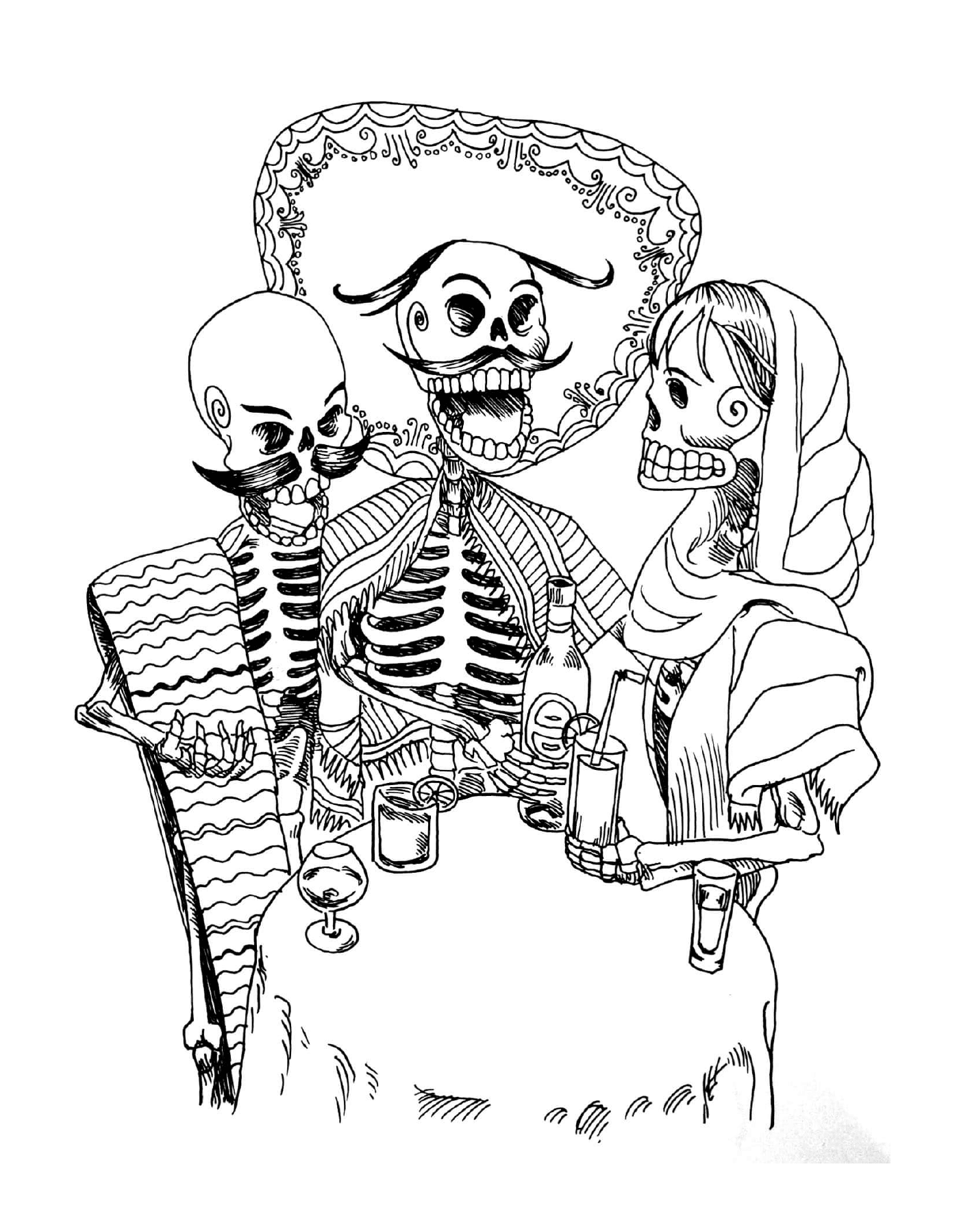  Erwachsene Halloween, tätowiert, Skelett, Frau sitzt an einem Tisch 