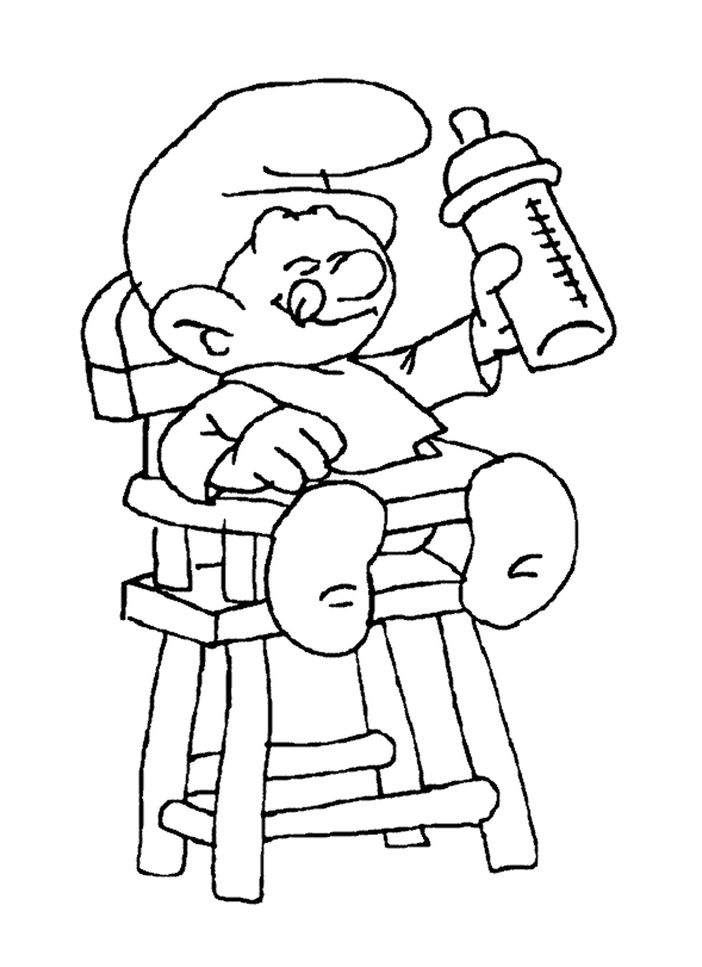 Un bebé pitufo en una silla alta 