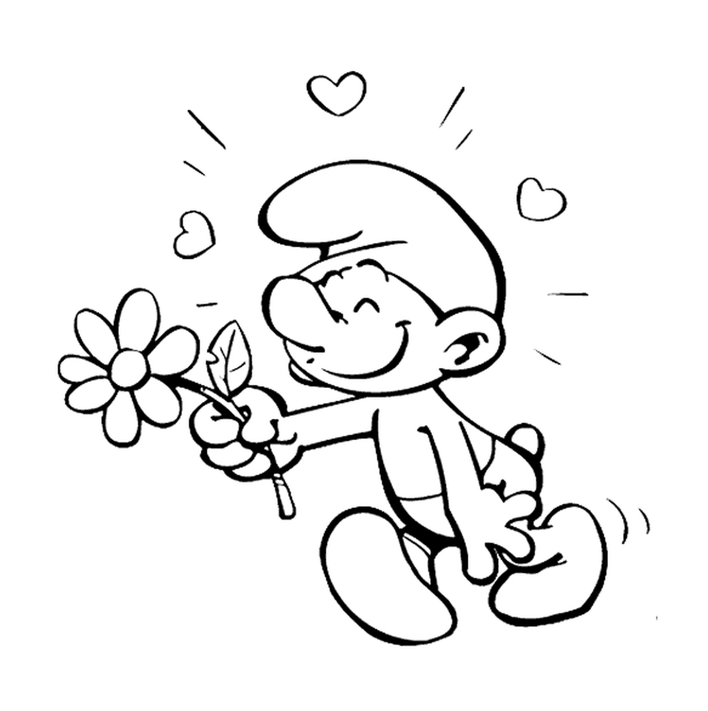  Eine Liebe schtumpf hält eine Blume 