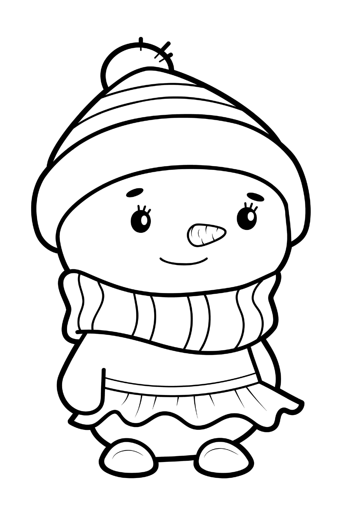  Ein Schneemann als Mädchen mit einem Kleid und einem Hut verkleidet 