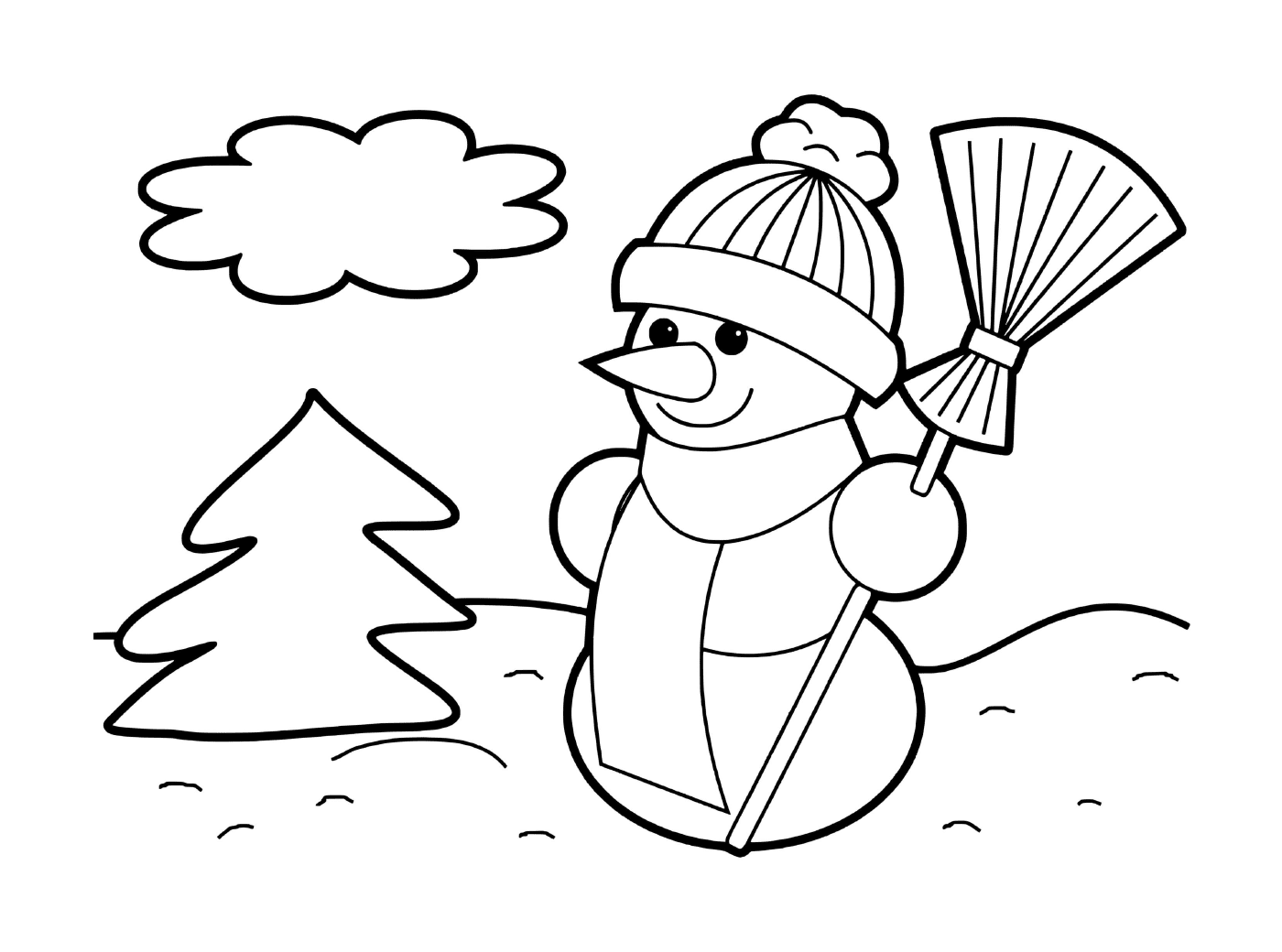  A snowman smiling in winter with a pretty tree 