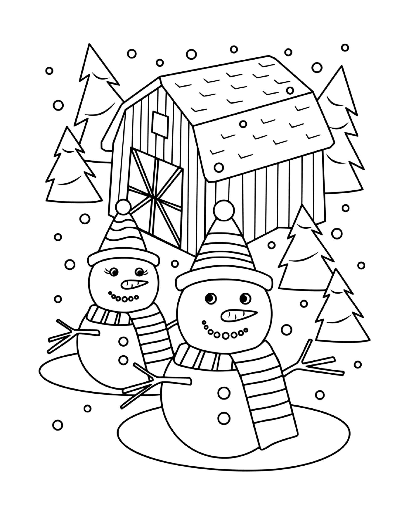  Ein Schneemann und eine Schneefrau umgeben von Tannen 