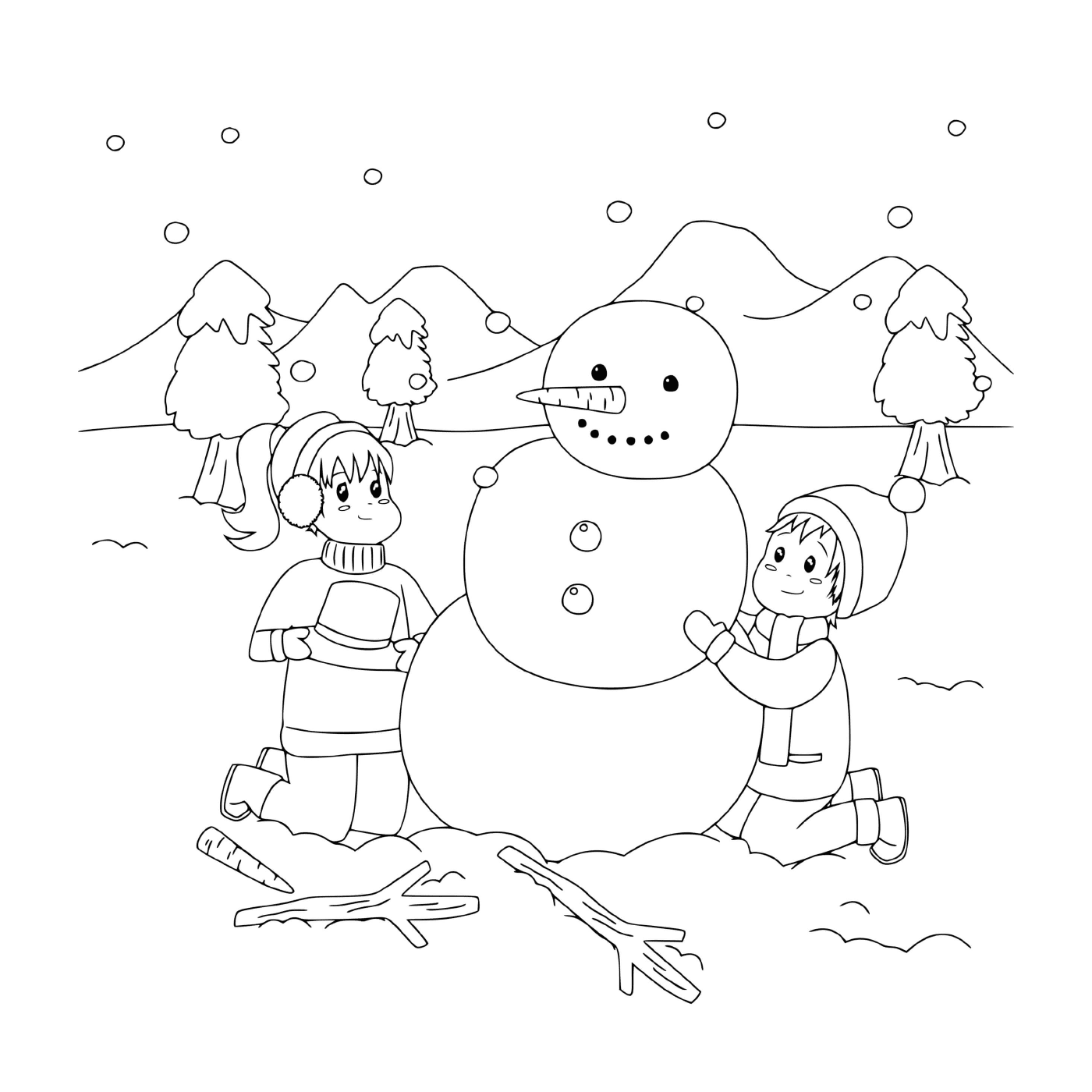  Kinder bauen einen Schneemann in einer verschneiten Landschaft 