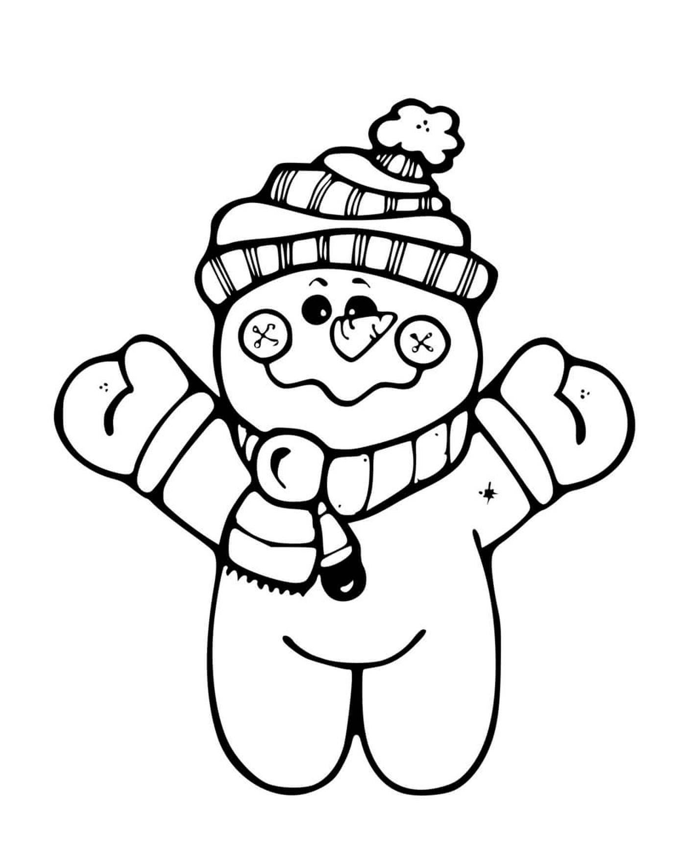  Маленький снеговик, стоящий, одетый в тук и шарф 