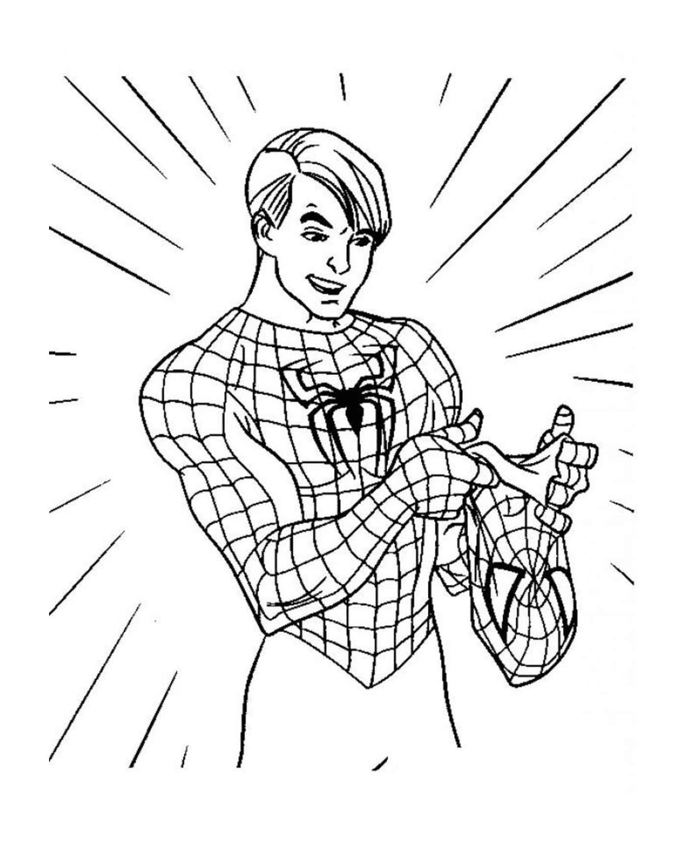  Peter Parker hält Spiderman 
