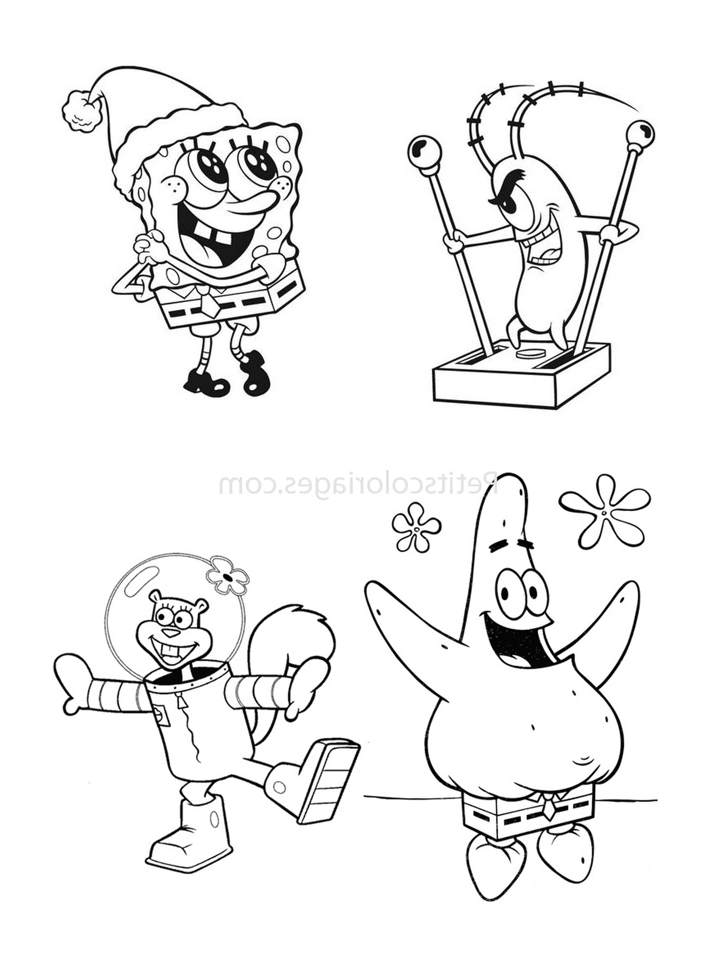  Un conjunto de cuatro personajes de dibujos animados en blanco y negro 
