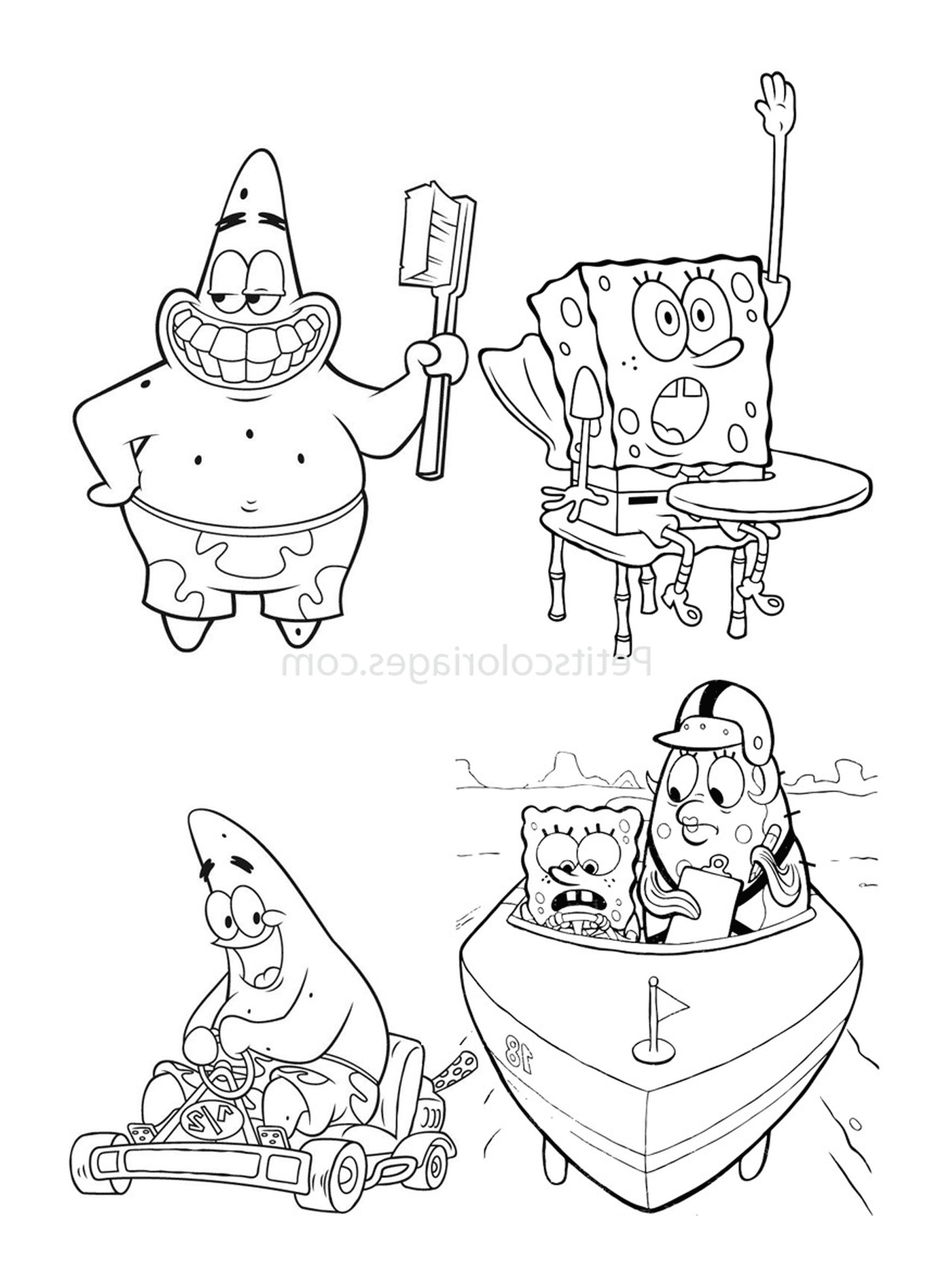  Ein Satz von vier Bildern von SpongeBob und Patrick 