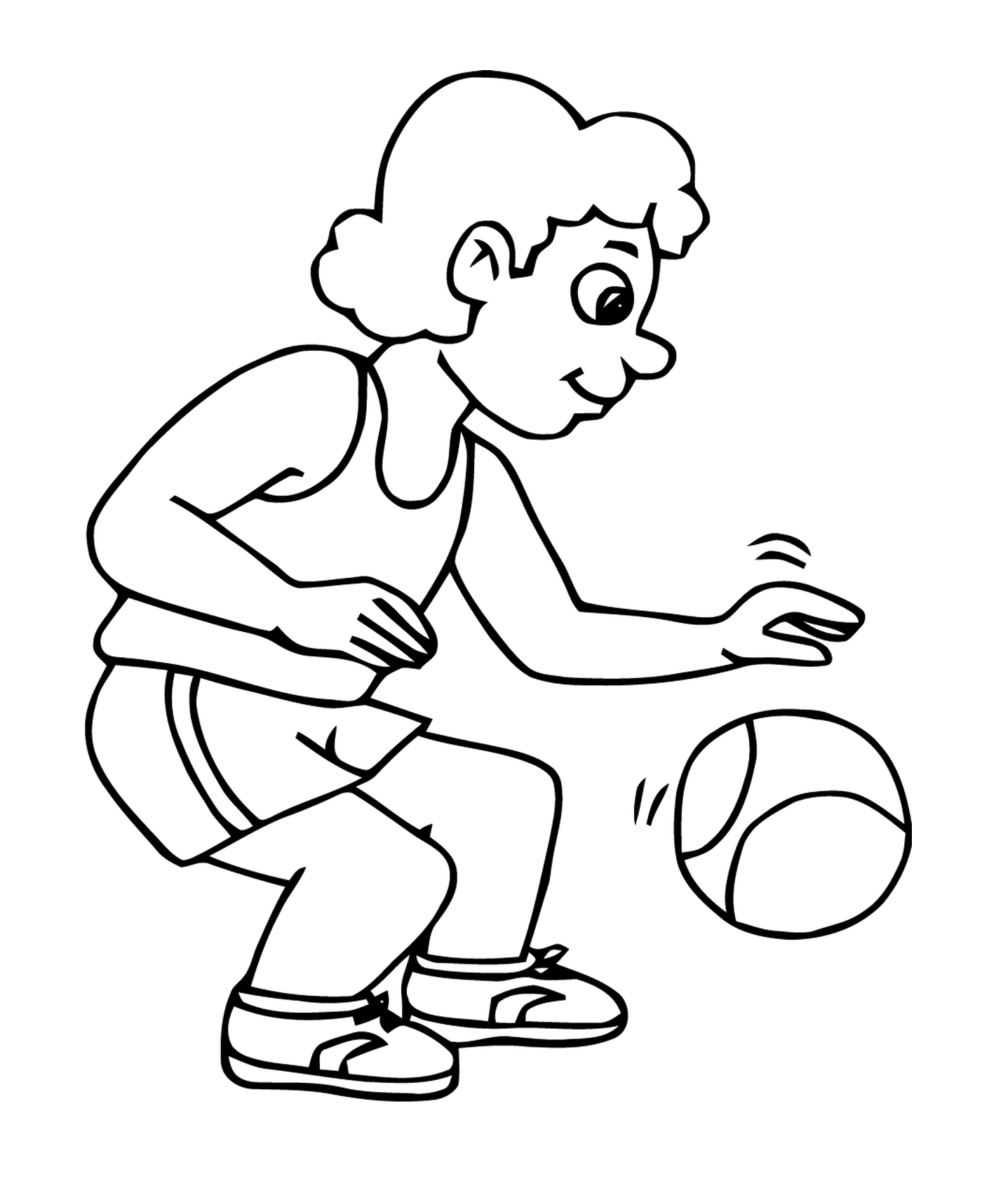  Sport, Basketball, Mann spielt mit einem Ball auf dem Boden 