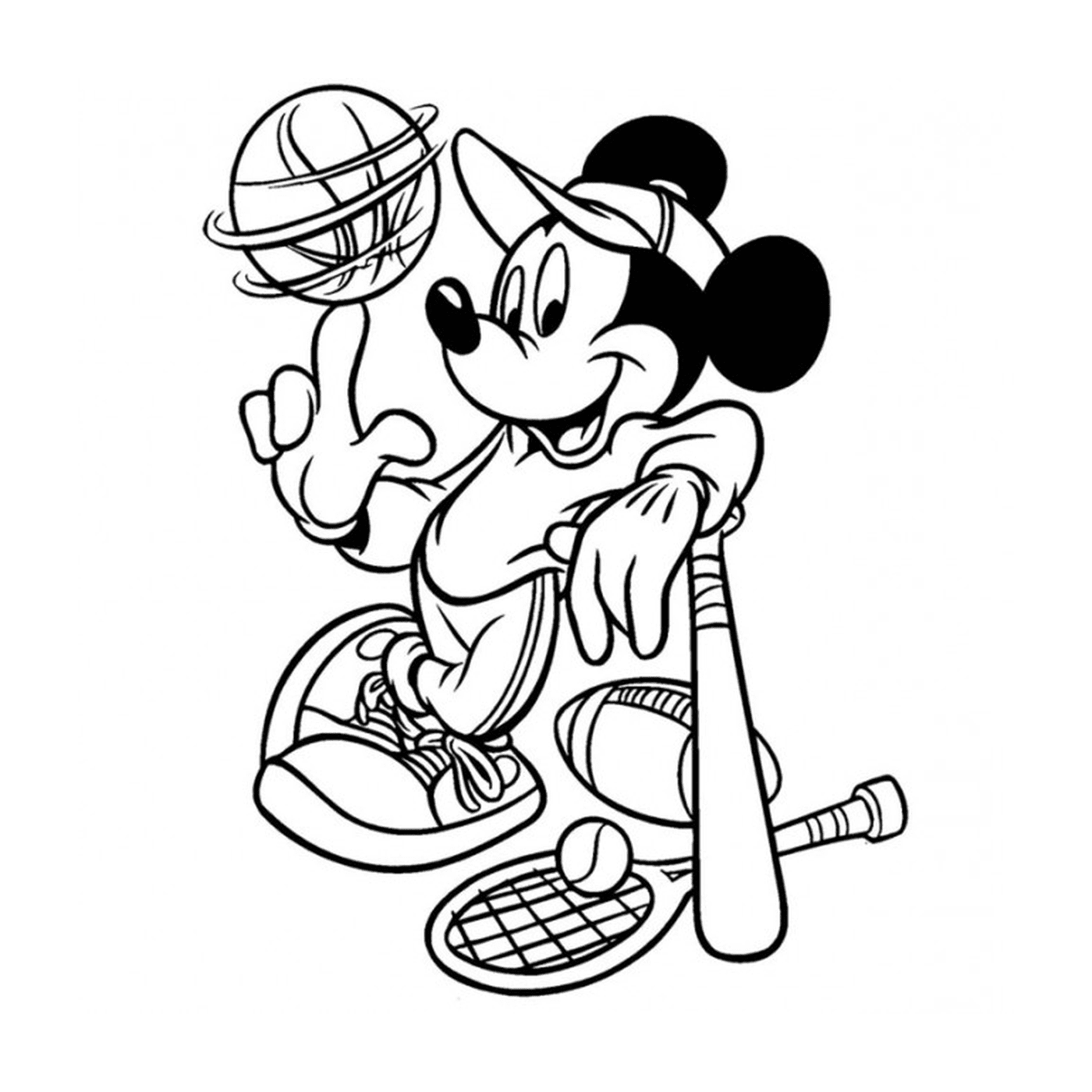  Deporte, Disney, Mickey Mouse sosteniendo un bate de béisbol y una pelota 