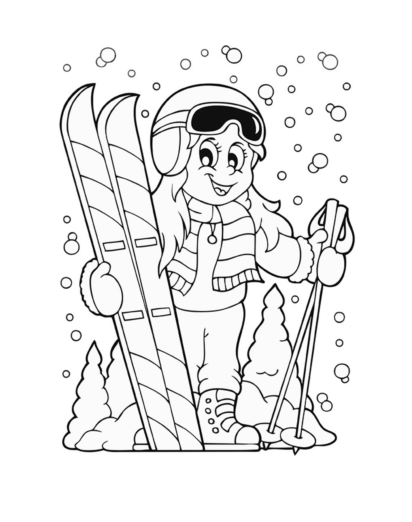  Зимний спорт, катание на лыжах, девчонка, держащая лыжи 