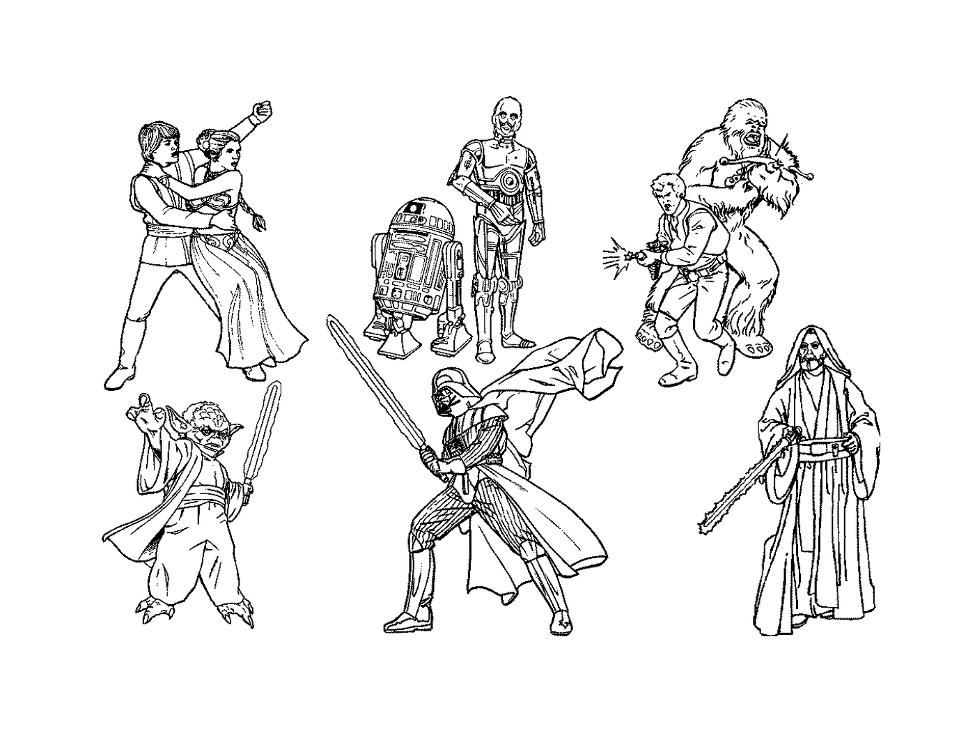  Schwarz-weiß-Zeichnung von Star Wars-Figuren 