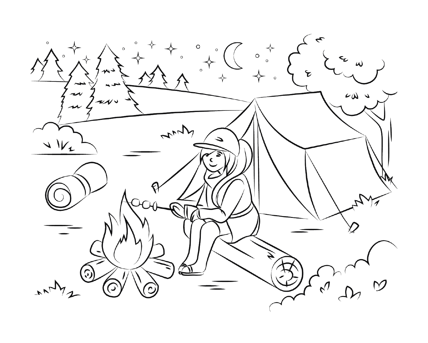  Girl camping and grilling marshmallows during the summer 