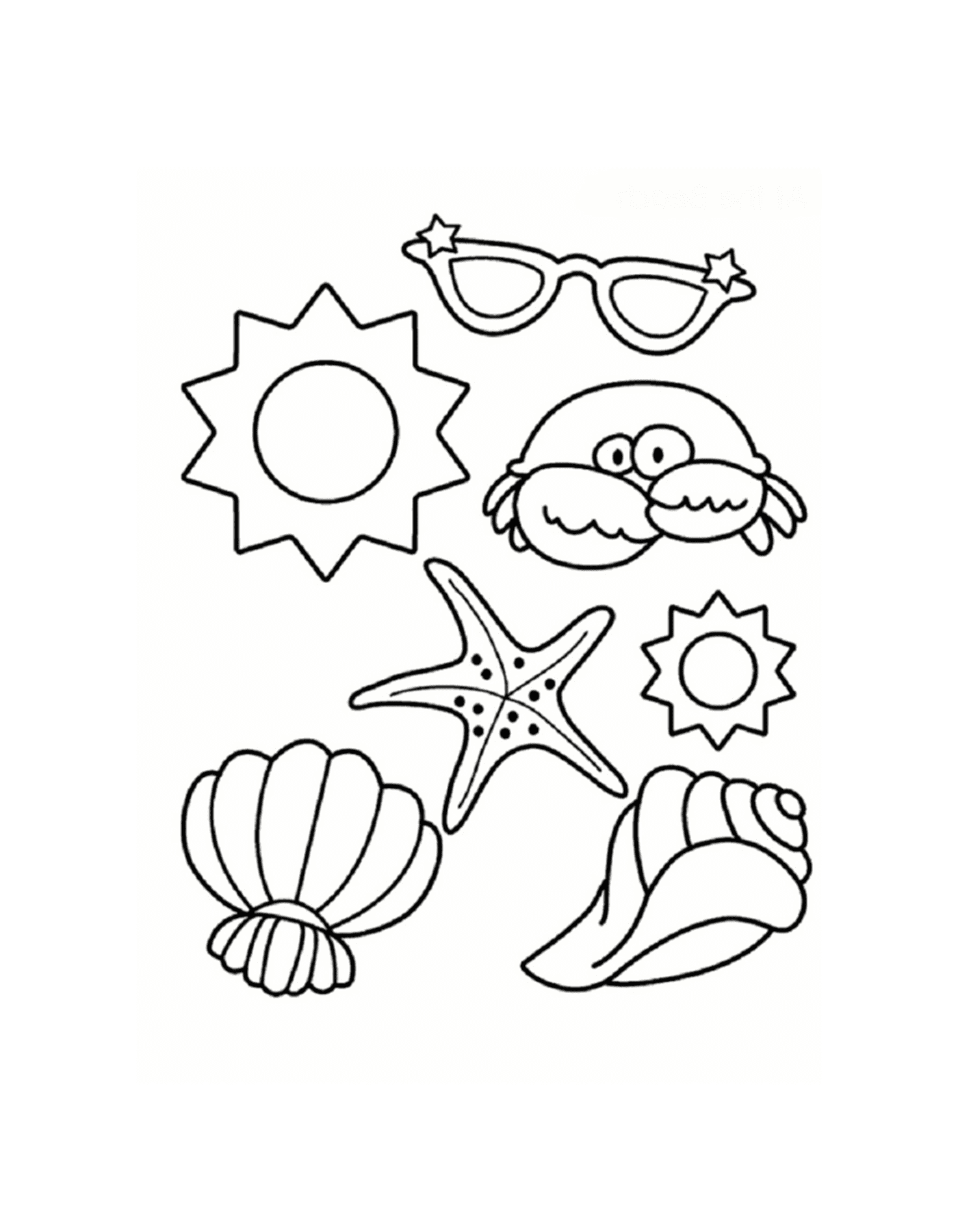  Marisco, estrella de mar, cangrejo y gafas de sol en la playa 