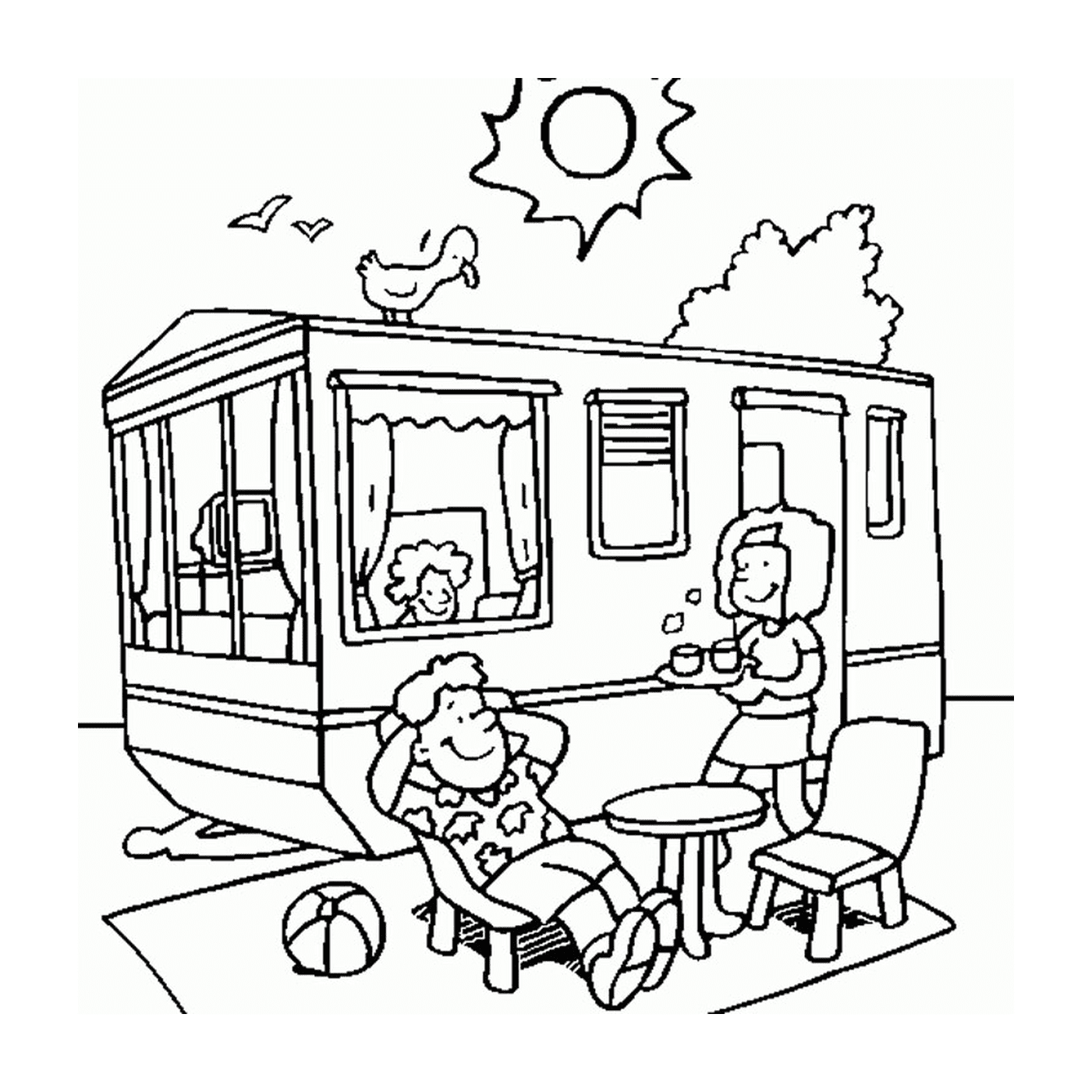  Personas sentadas frente a una autocaravana en vacaciones de verano 