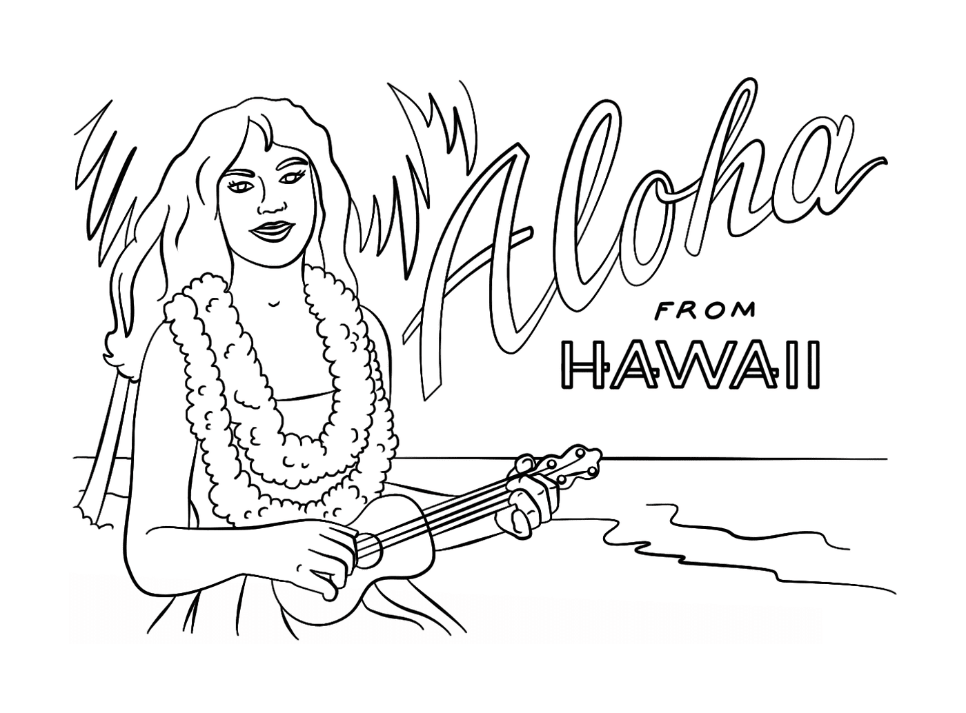  A Hawaiian girl with a ukulele dancing during the summer vacation 