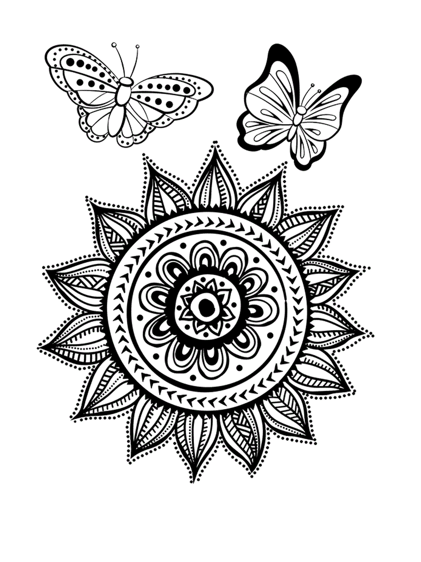  Ein Mandala mit Sonne und Schmetterlingen für Erwachsene im Sommerurlaub 