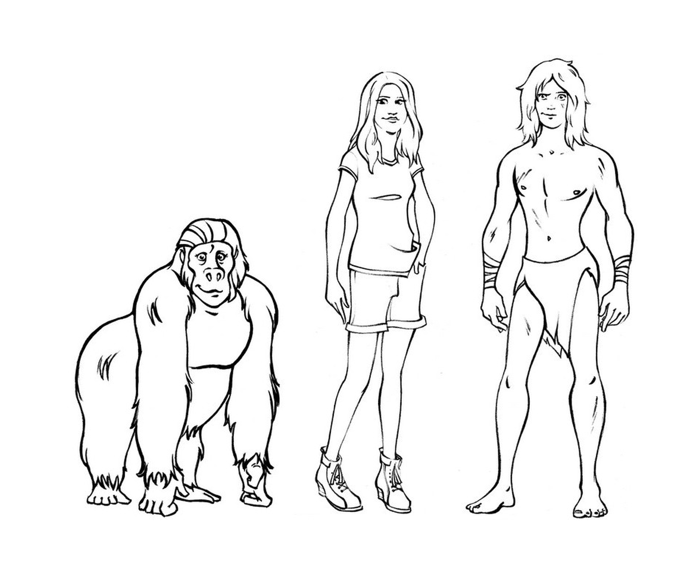  Man and woman standing next to a gorilla 