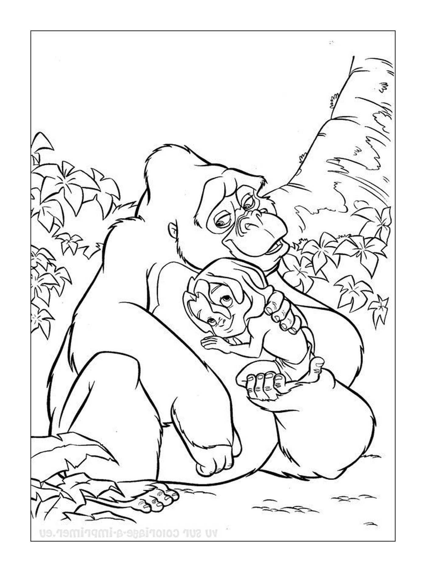  Gorilla hält ein Baby Gorilla in ihren Armen 