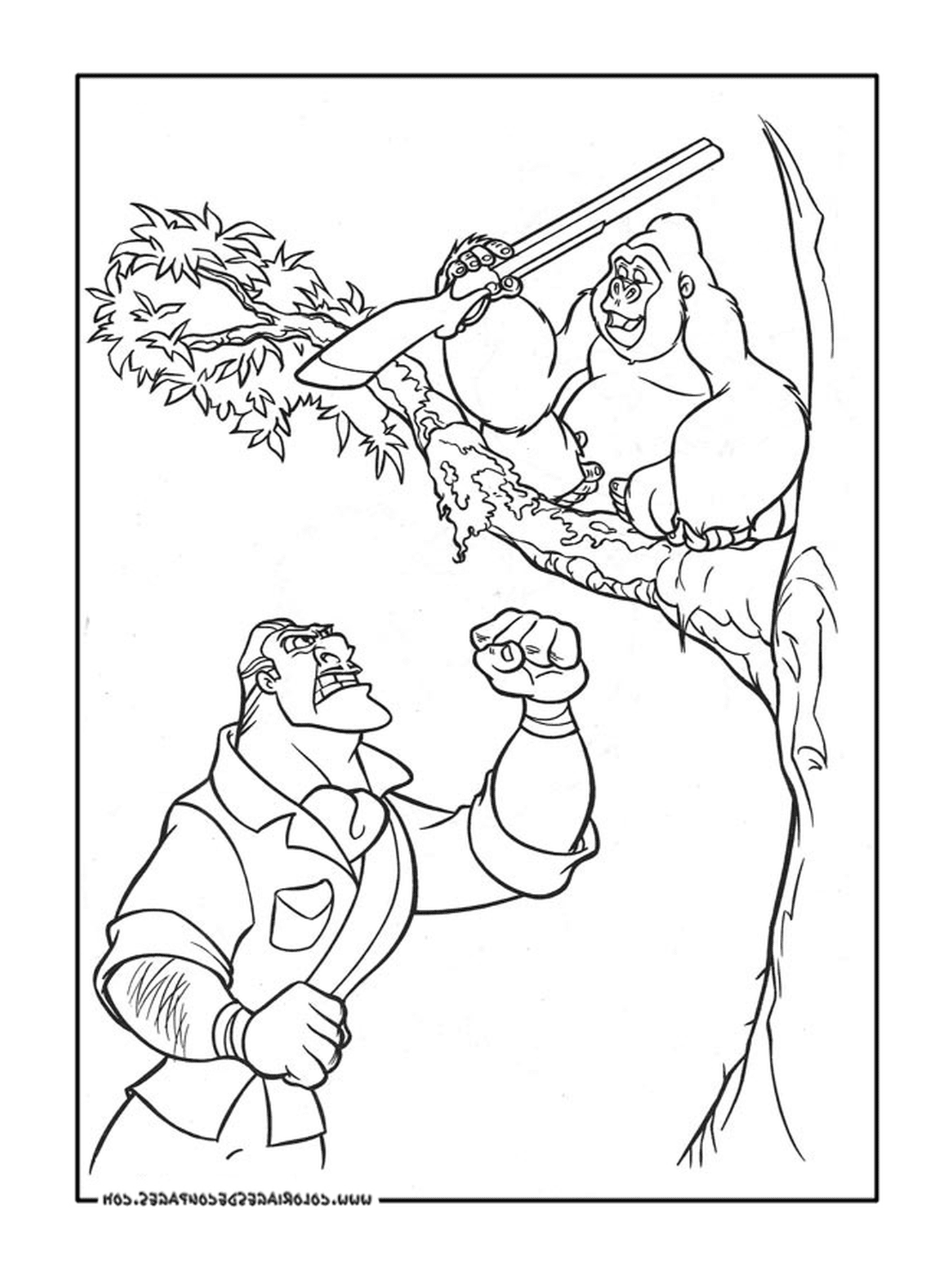  Hombre y gorila en un árbol 