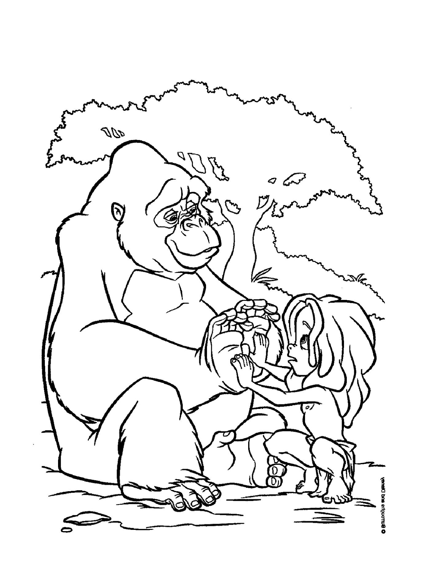  Erwachsene und Kind spielen mit einem Gorilla 