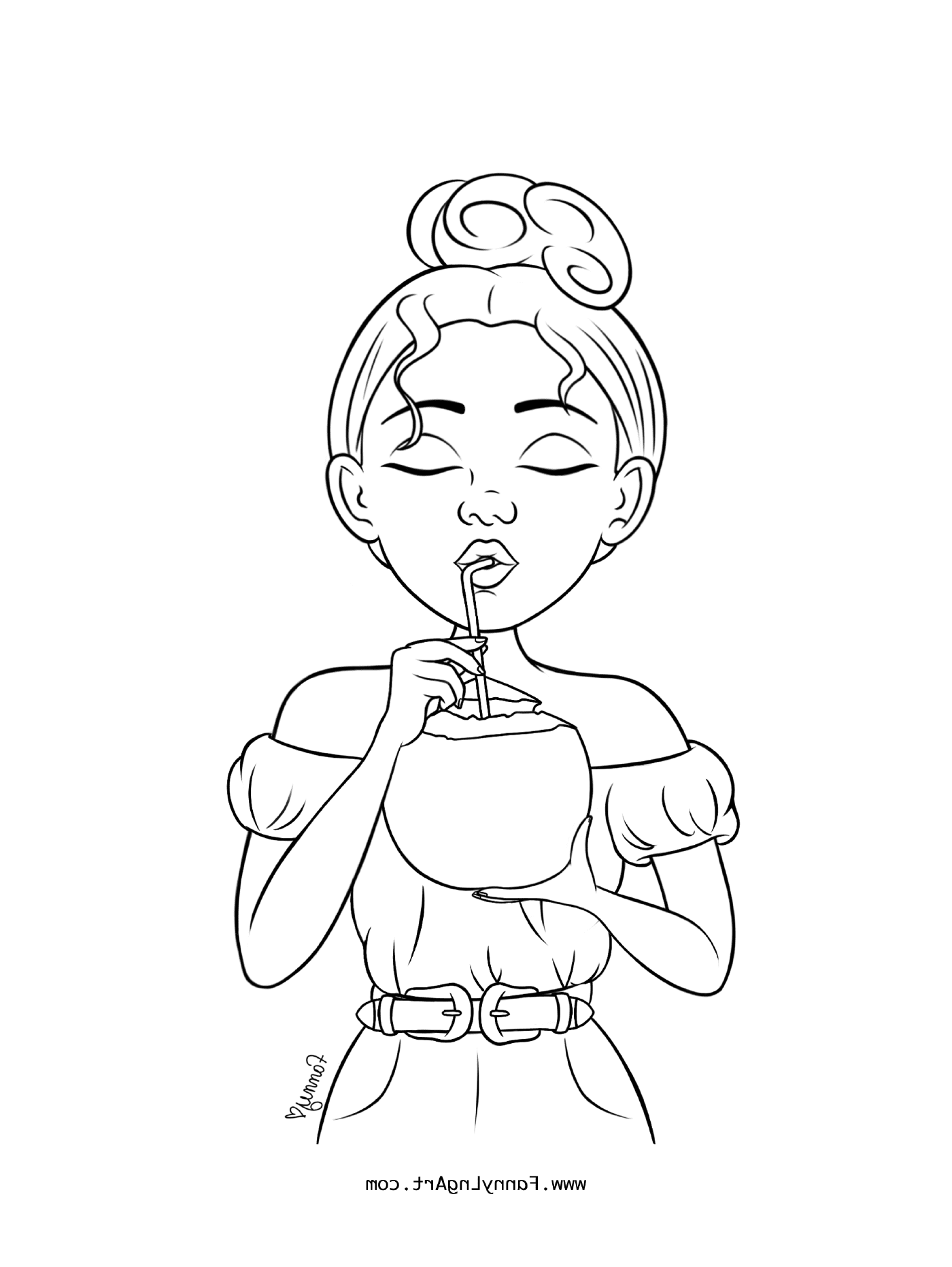  Giovane ragazza che beve una bevanda di cocco 