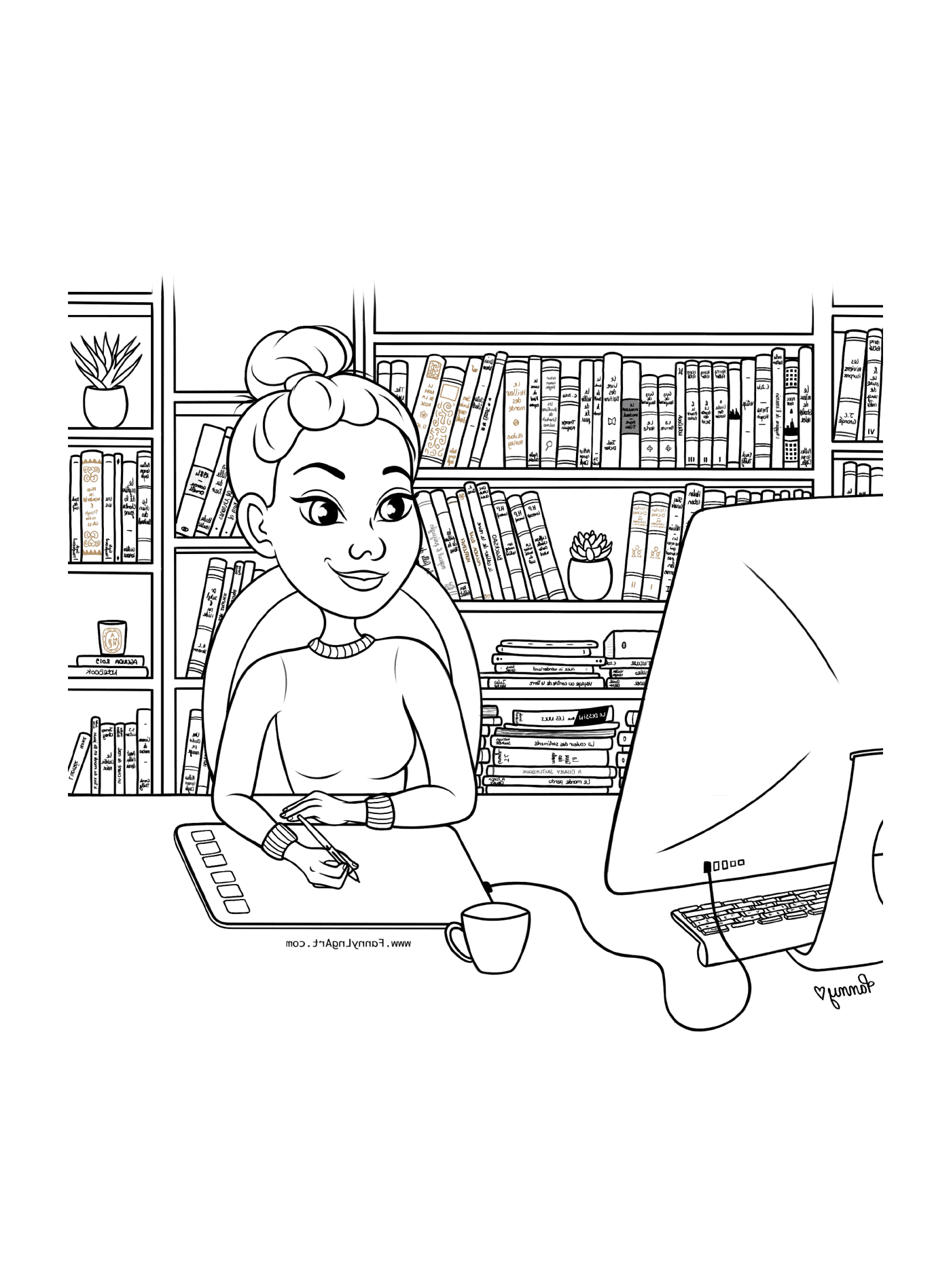  Frau sitzt vor einem Computertisch in einer Bibliothek 