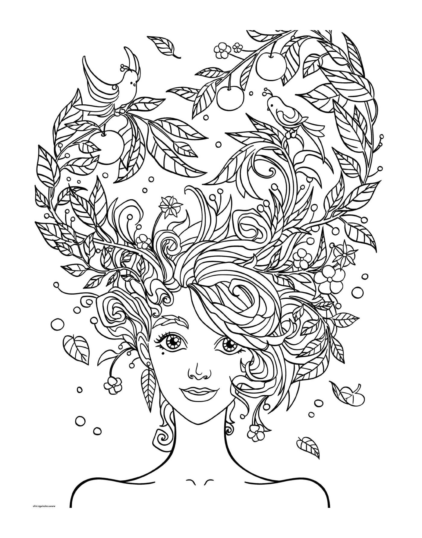  Kopf der erwachsenen Frau mit Blumen im Haar 