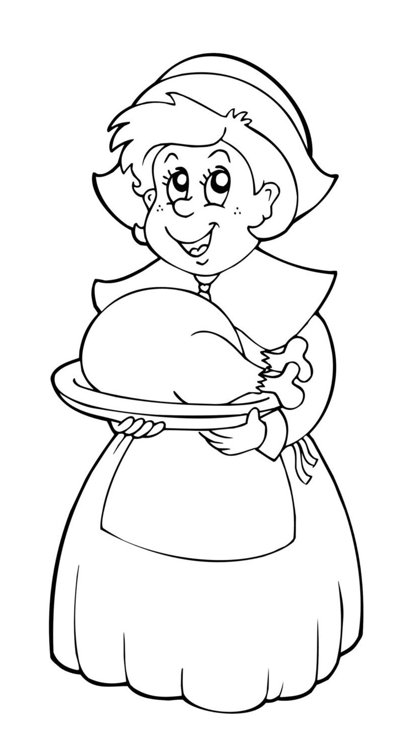  Eine alte Frau, die einen Teller mit einem Truthahn hält 