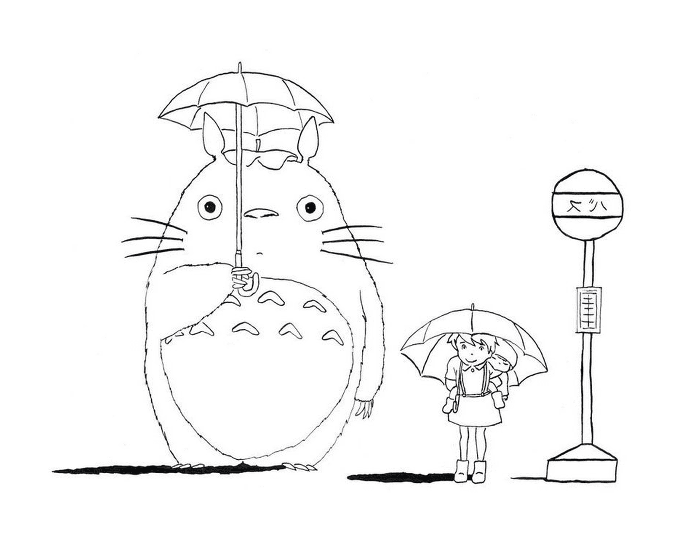  Totoro und ein Mädchen warten auf den Bus im Regen 