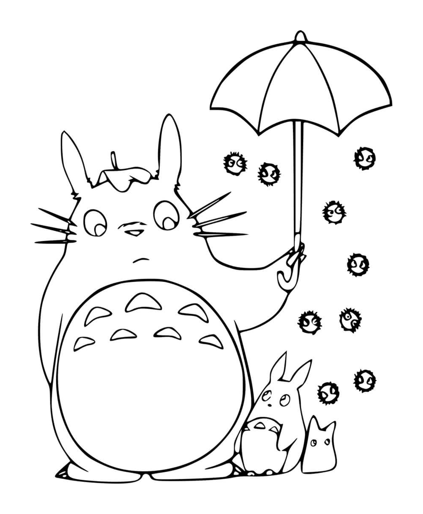  Totoro in possesso di un ombrello aperto con un bambino 