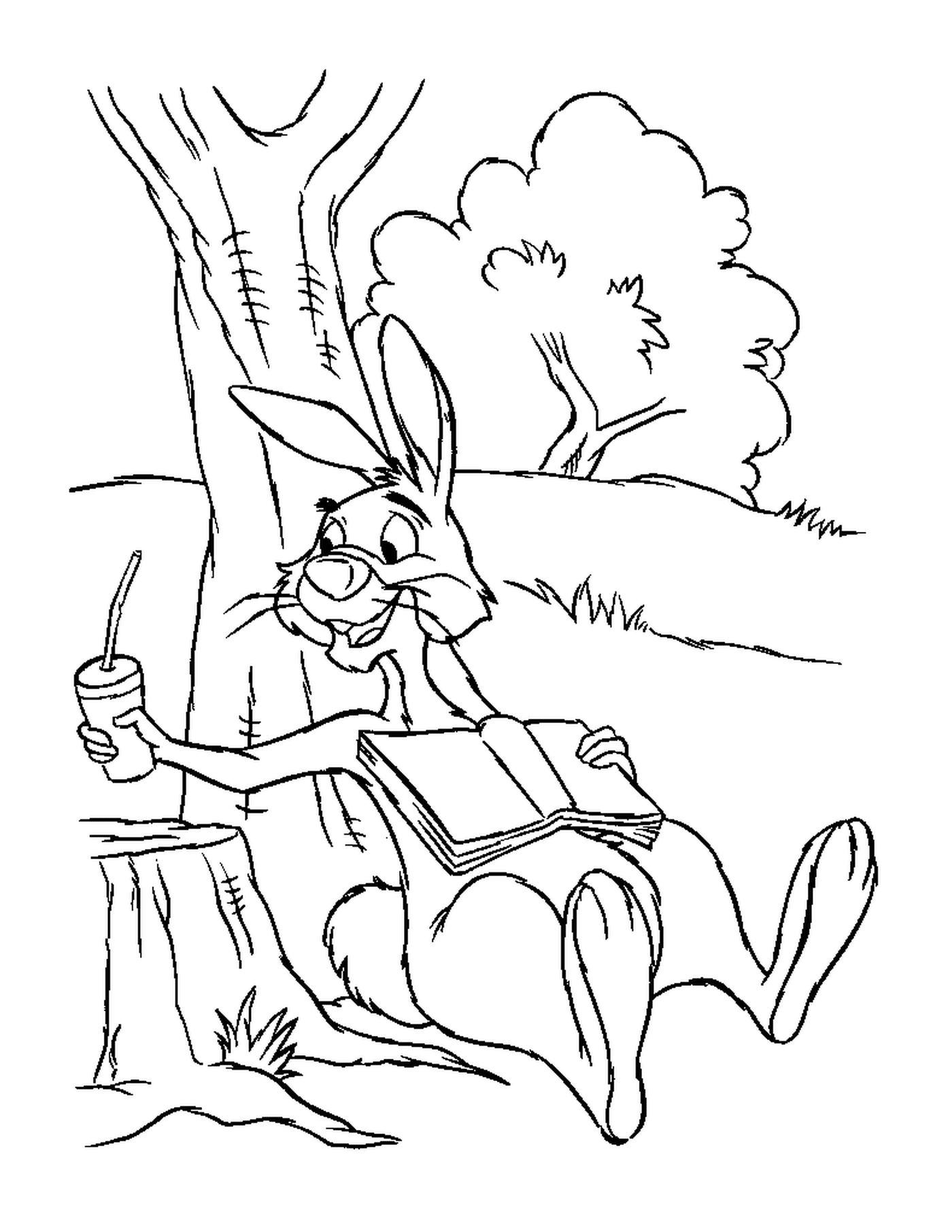  A rabbit sitting on a stump near a tree with carrot juice 