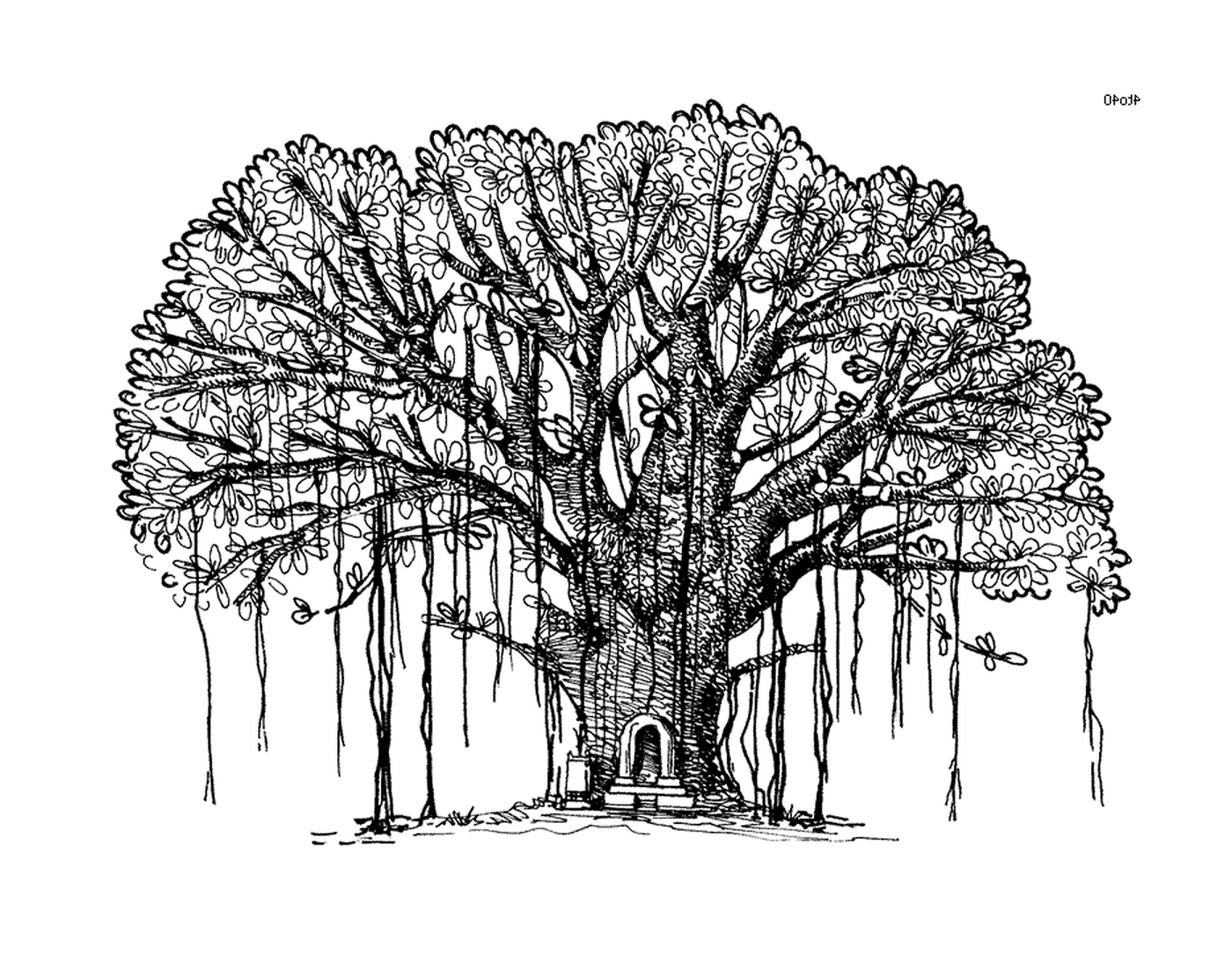  Eine Tinte, ein großer Baum mit einer Bank in der Mitte 