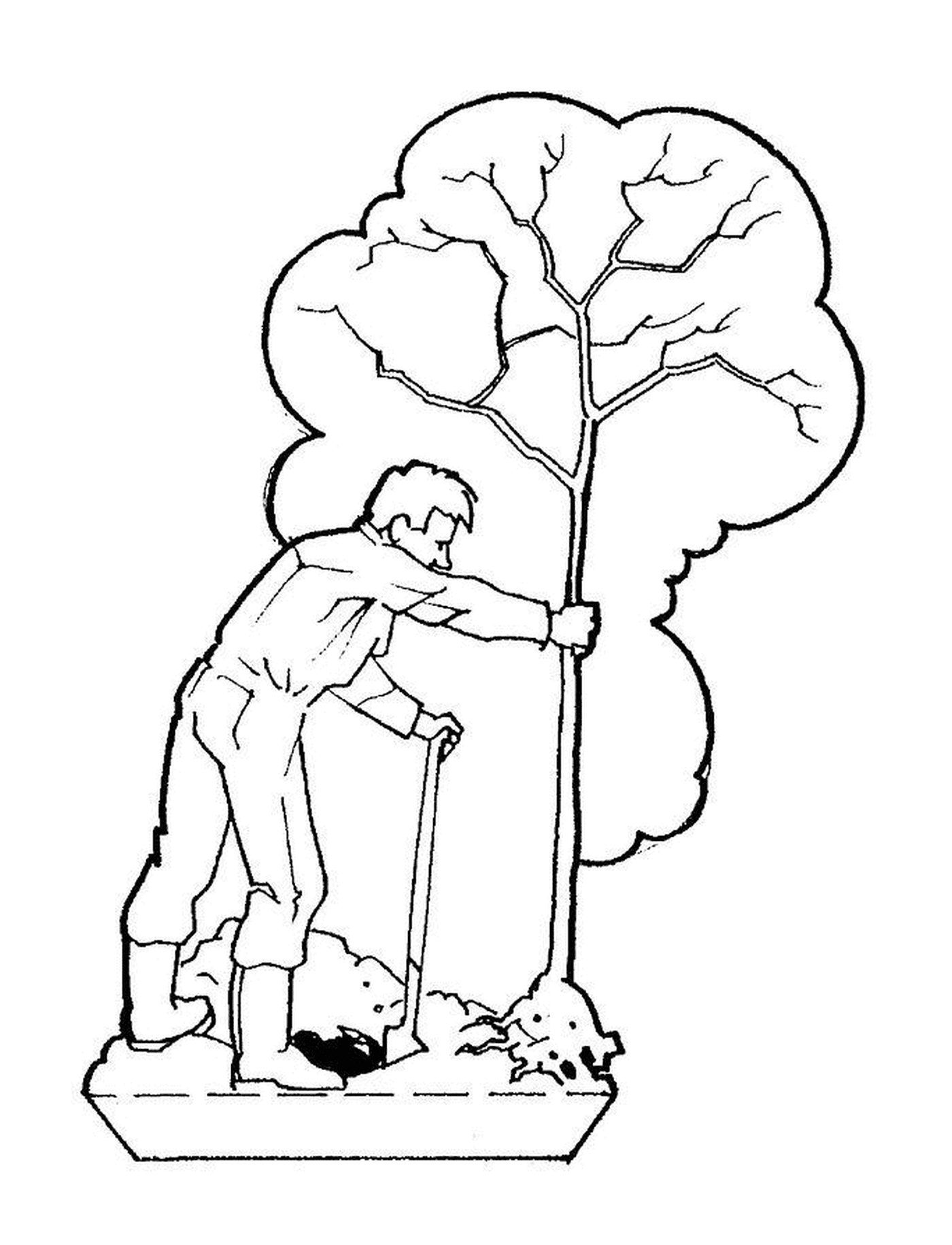  Ein Mann schneidet einen Baum mit einem Stock 