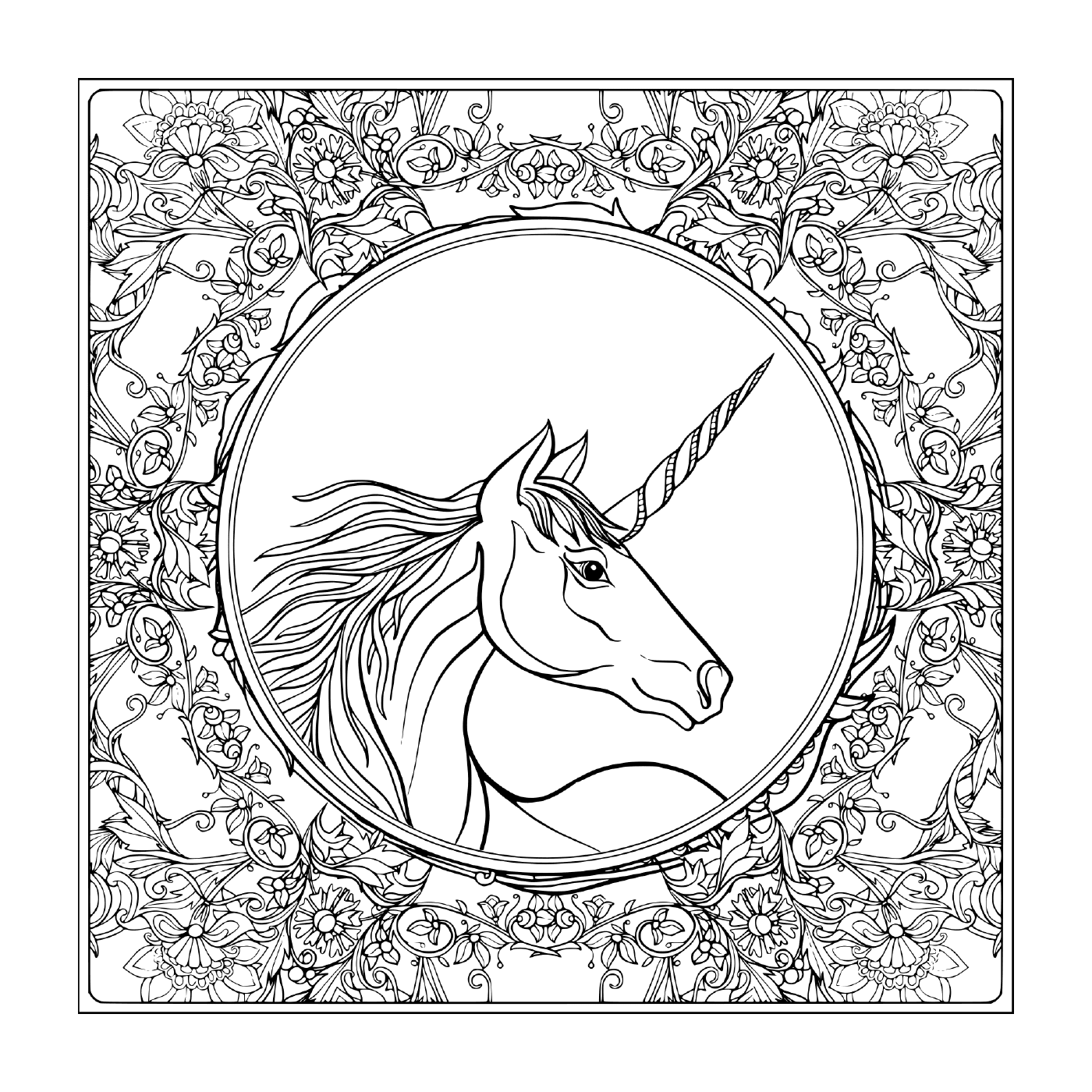  Unicorno d'epoca in un mandala floreale 
