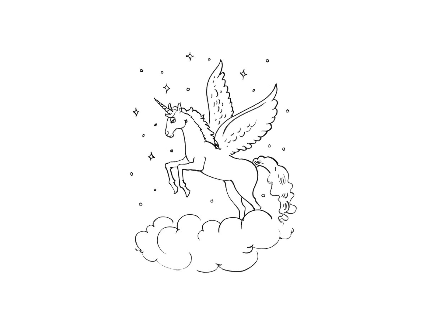  unicornio con alas volando sobre una nube 