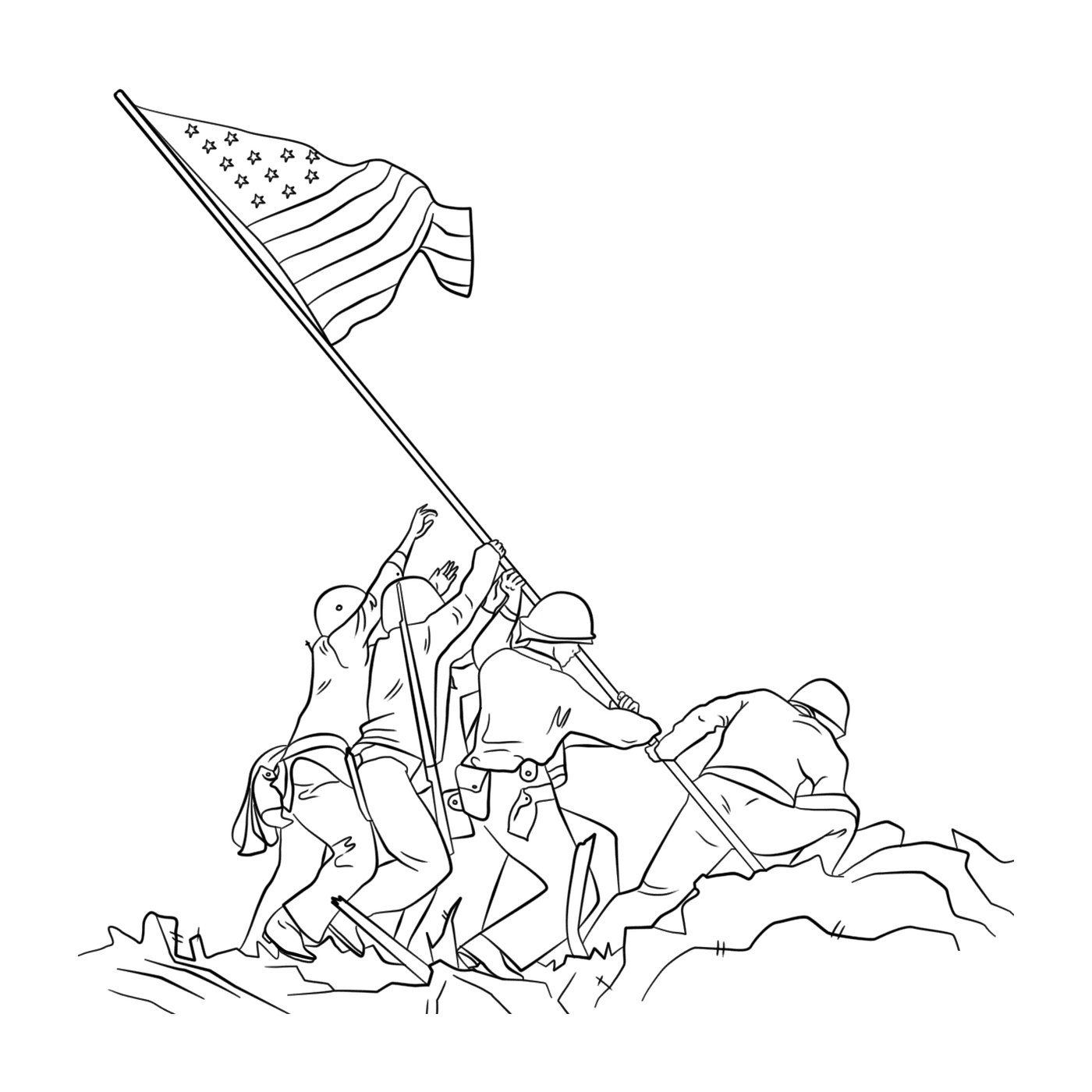  Grupo de personas blandiendo una bandera al izar la bandera en Iwo Jima 
