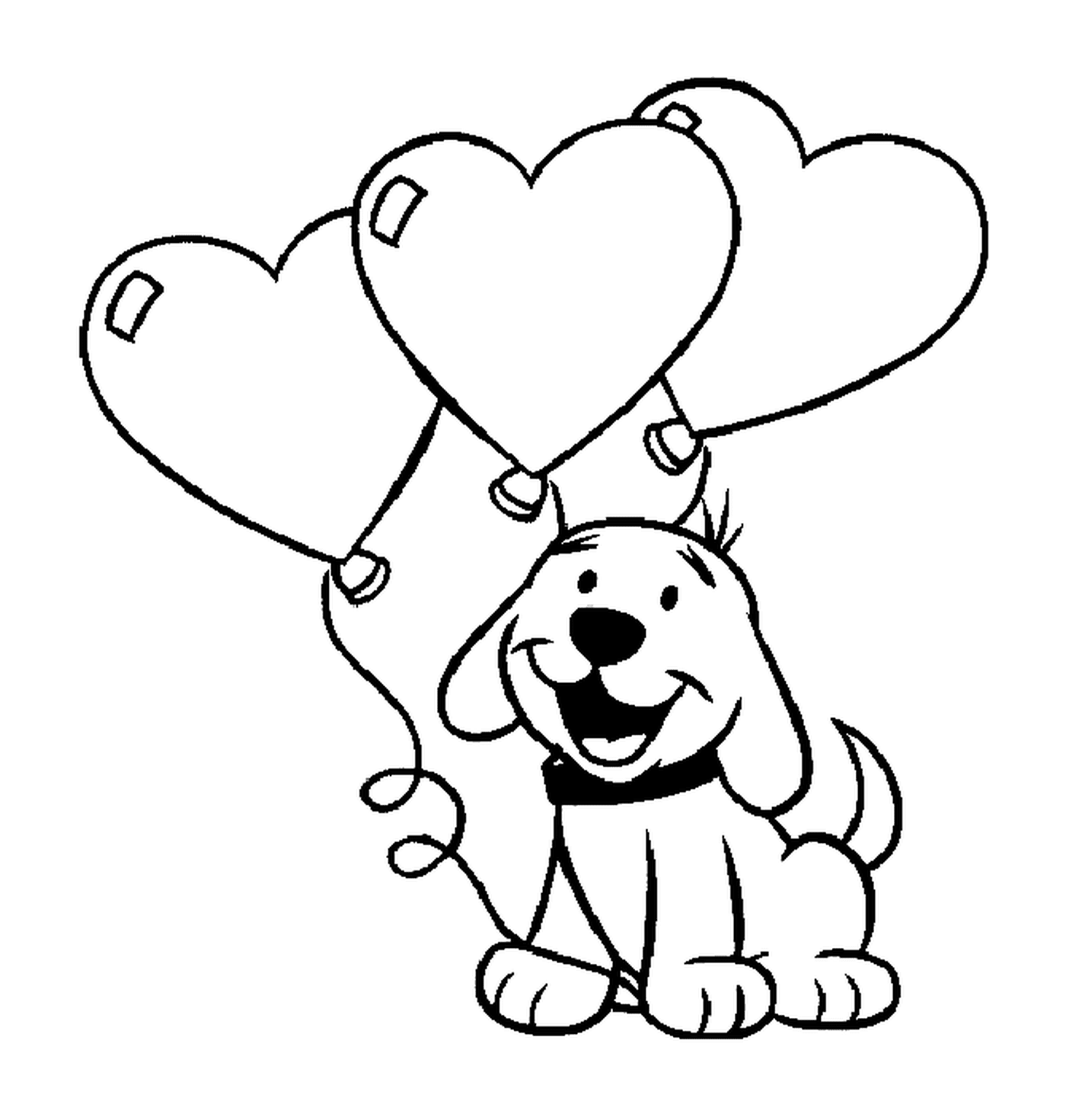  A dog holding heart-shaped balloons 