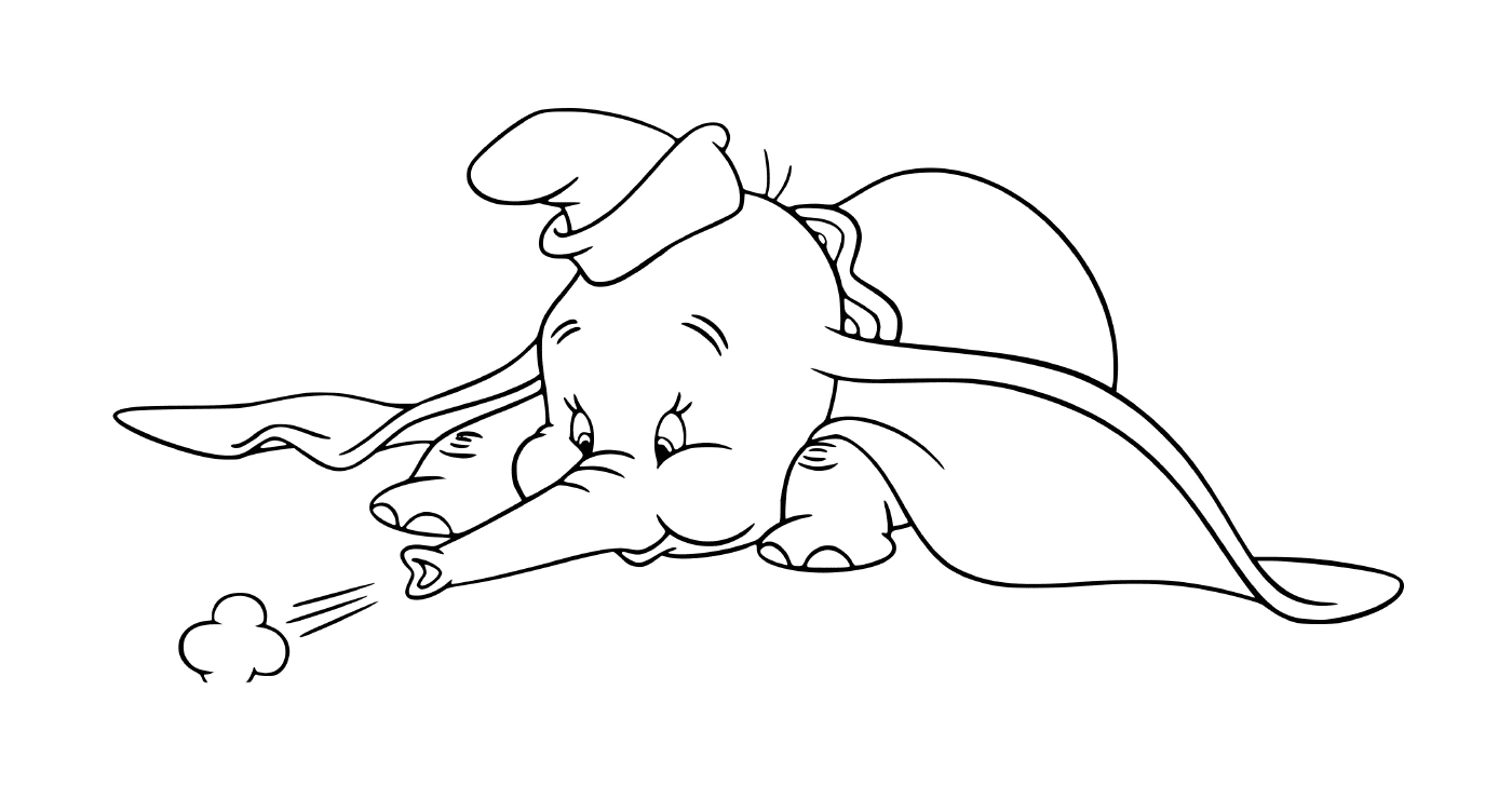 An elephant with oversized ears rests on the ground