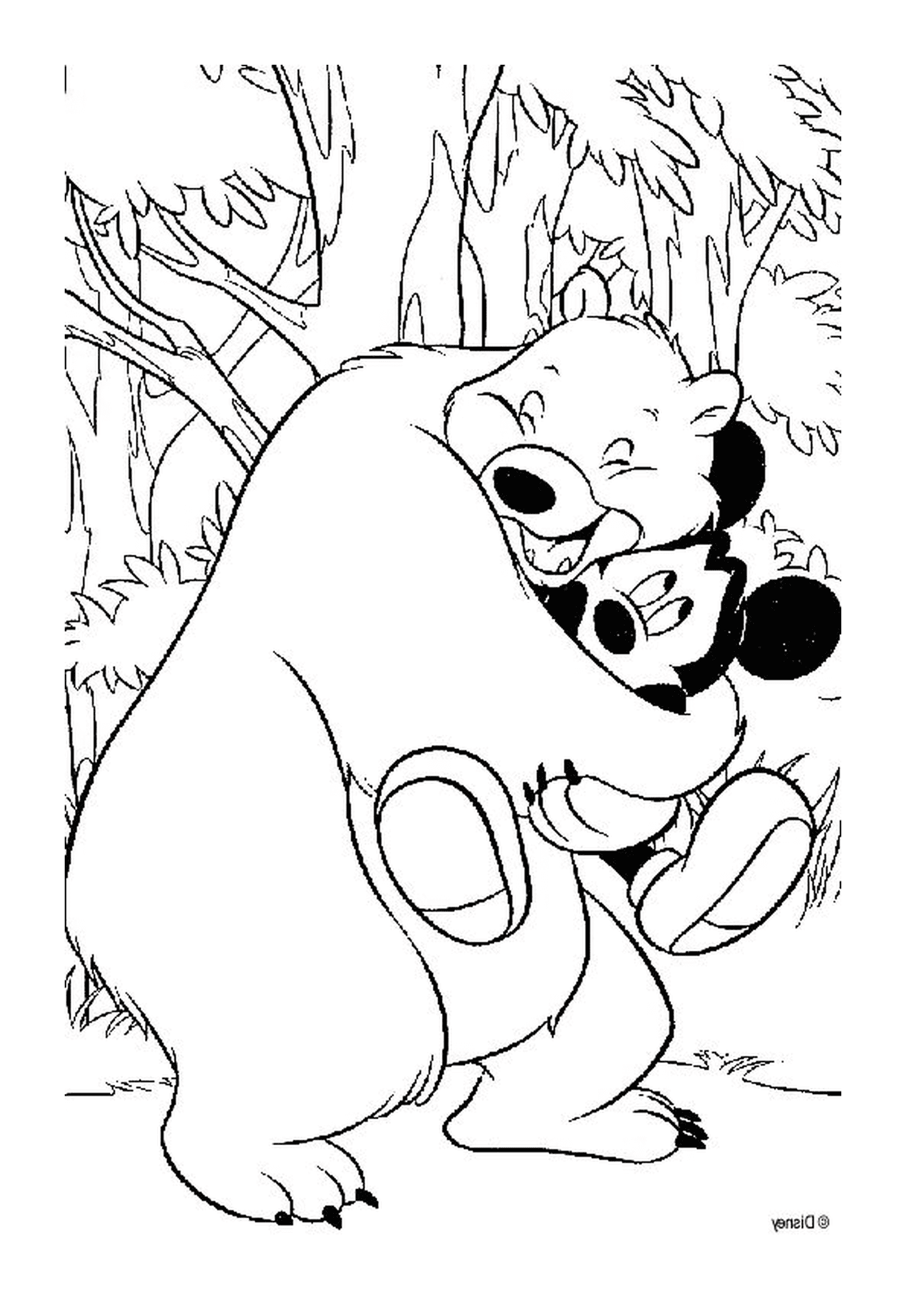  A bear holds Mickey Mouse in his arms 