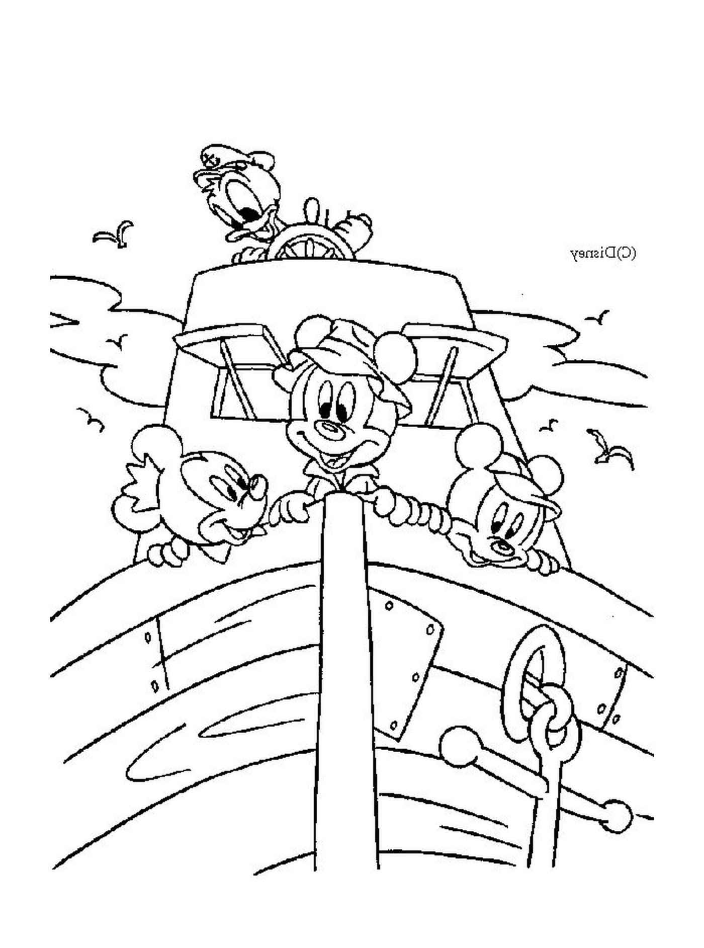  A group of Mickey Mouse and his friends on a boat 