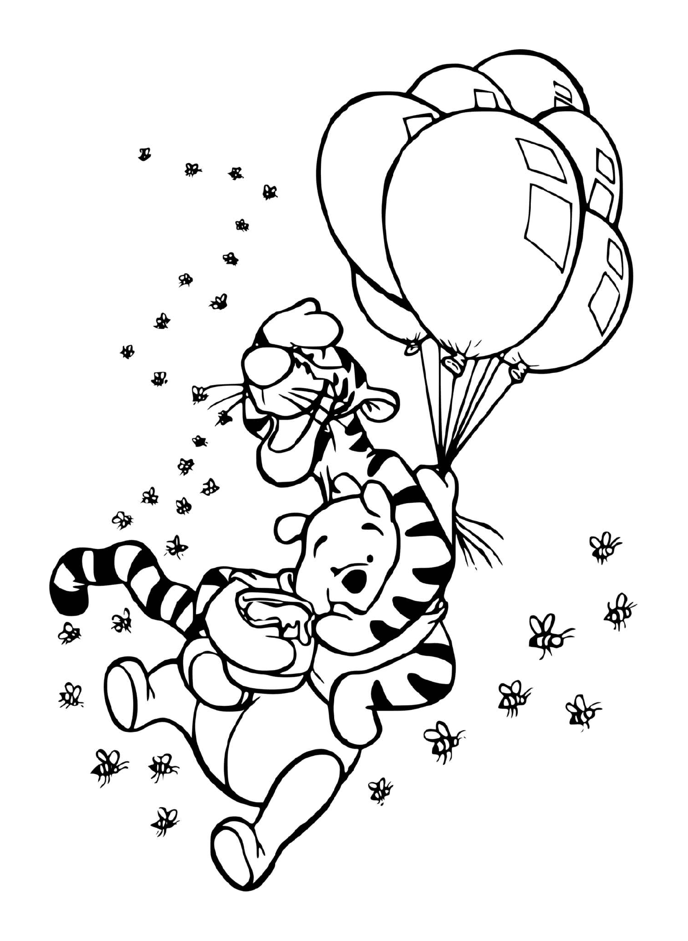  Tigrou und Winnie in der Luft mit Ballons und einem Topf Honig 