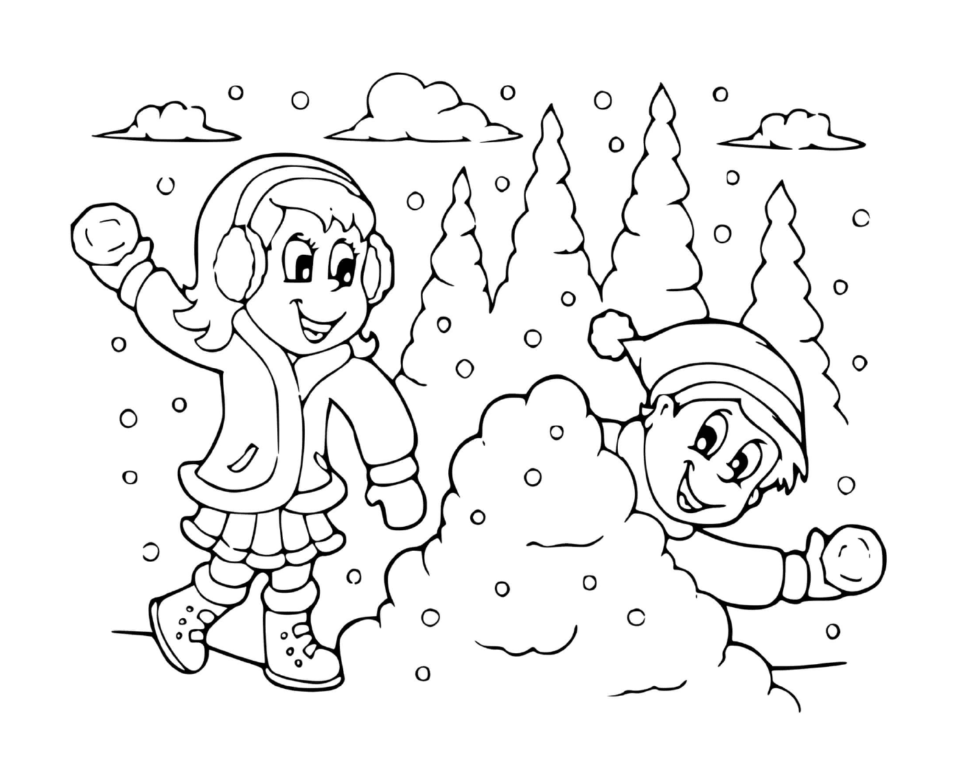  Снежная битва между девочкой и мальчиком 