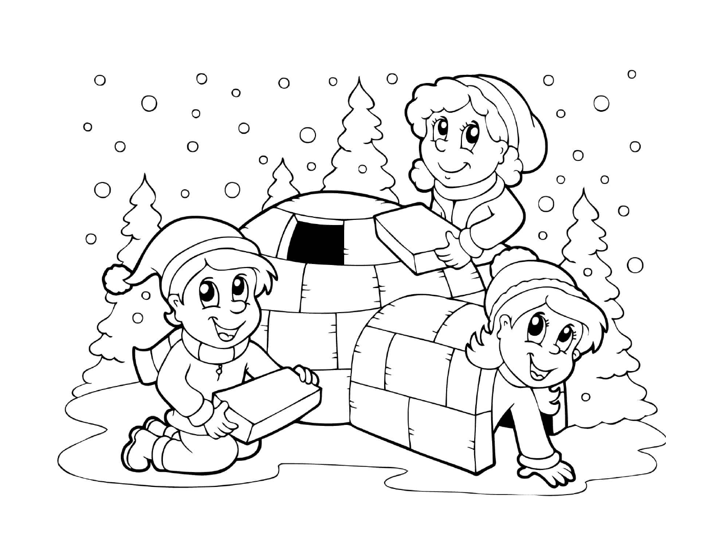  Kinder bauen im Winter ein Iglu 