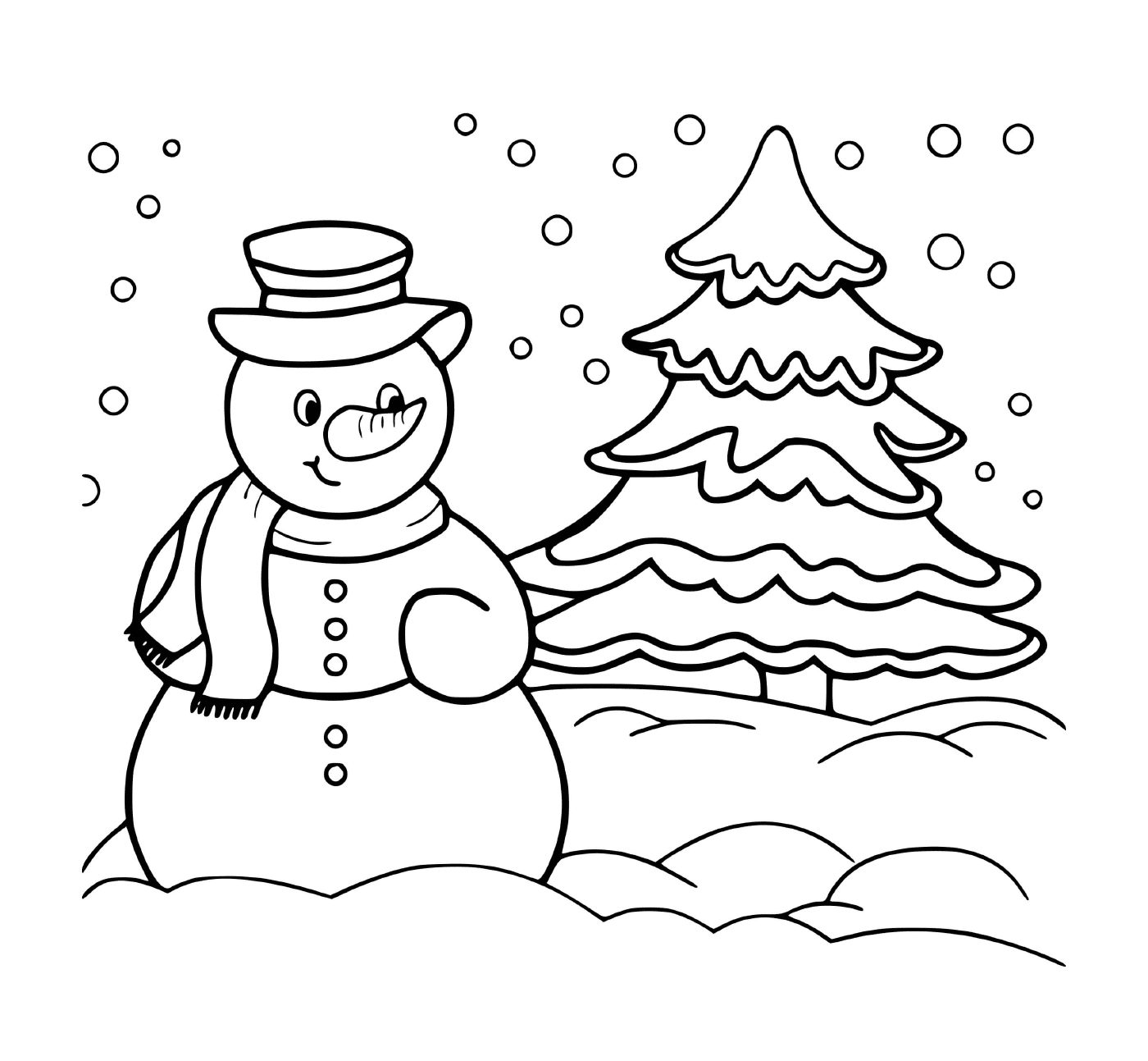  Winter landscape with fir and snowman 