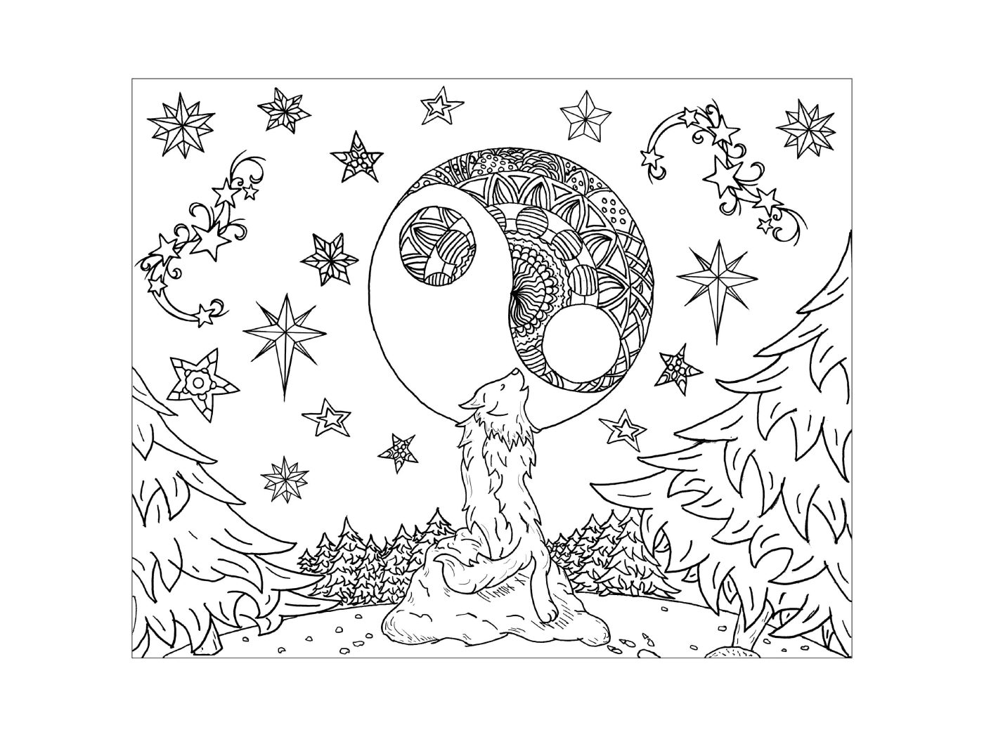  Wolf sitzt auf einem Felsen mit einem Mond in Mandala 