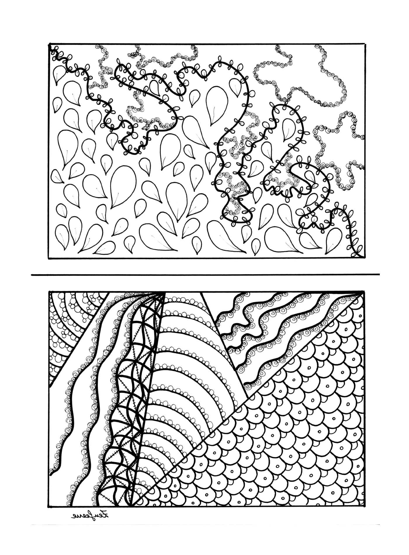 Schwarz-weiß-Zeichnungen einer Pflanze und eines Wasserturms 